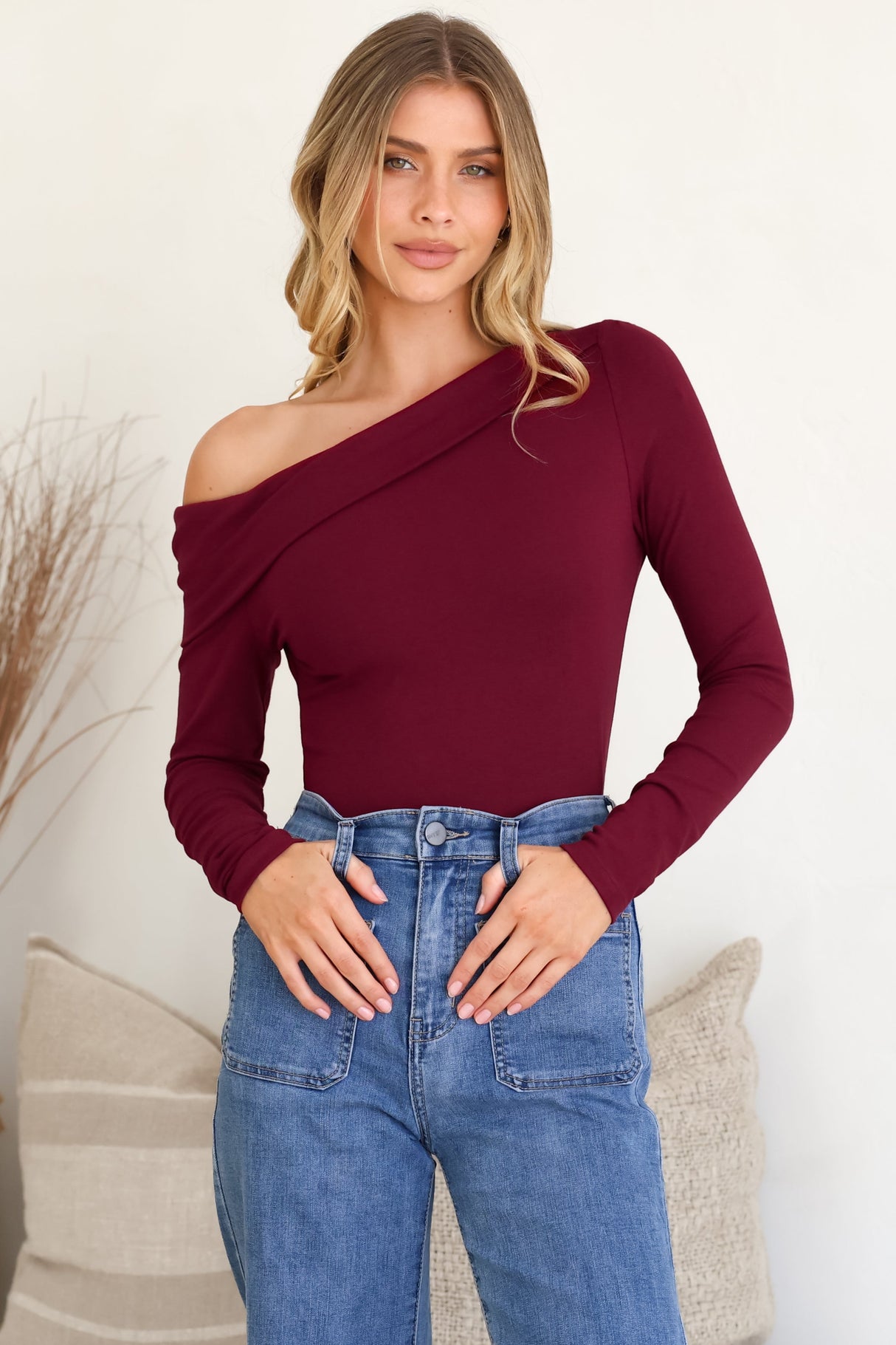 Model wearing Lissa Top in Wine from Salty Crush