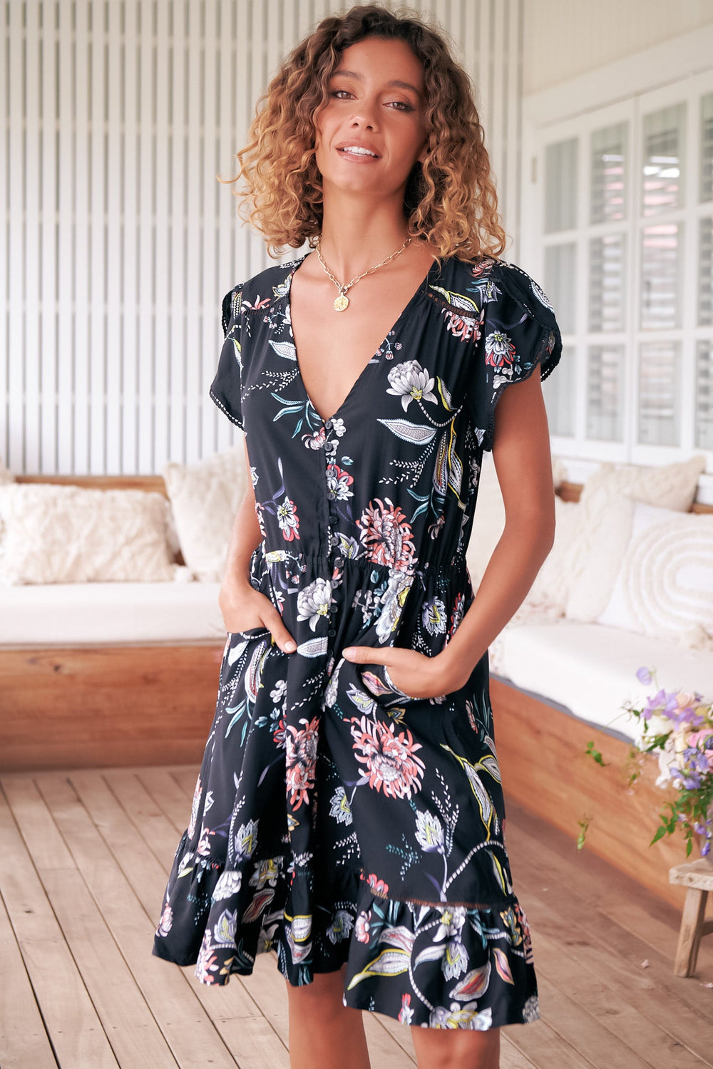 JAASE - Lizzie Mini Dress: Butterfly Cap Sleeve Button Down Dress with Pockets in Under The Stars Print