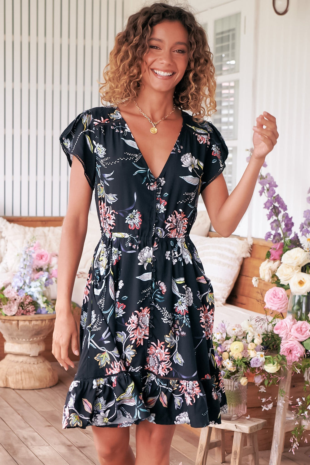 JAASE - Lizzie Mini Dress: Butterfly Cap Sleeve Button Down Dress with Pockets in Under The Stars Print