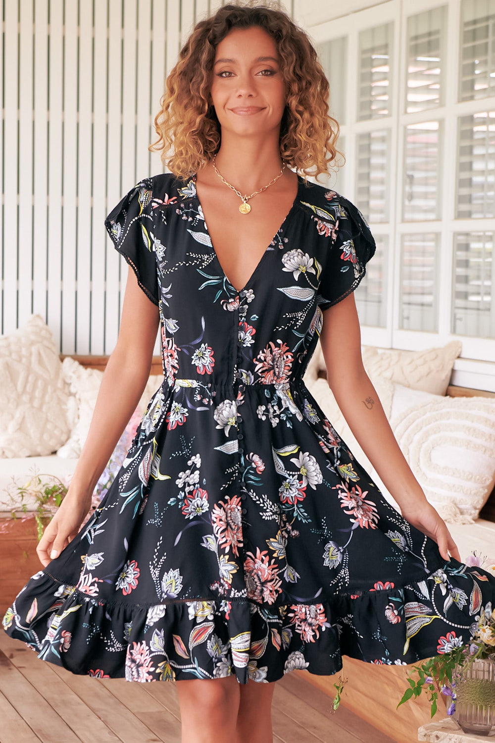 JAASE - Lizzie Mini Dress: Butterfly Cap Sleeve Button Down Dress with Pockets in Under The Stars Print