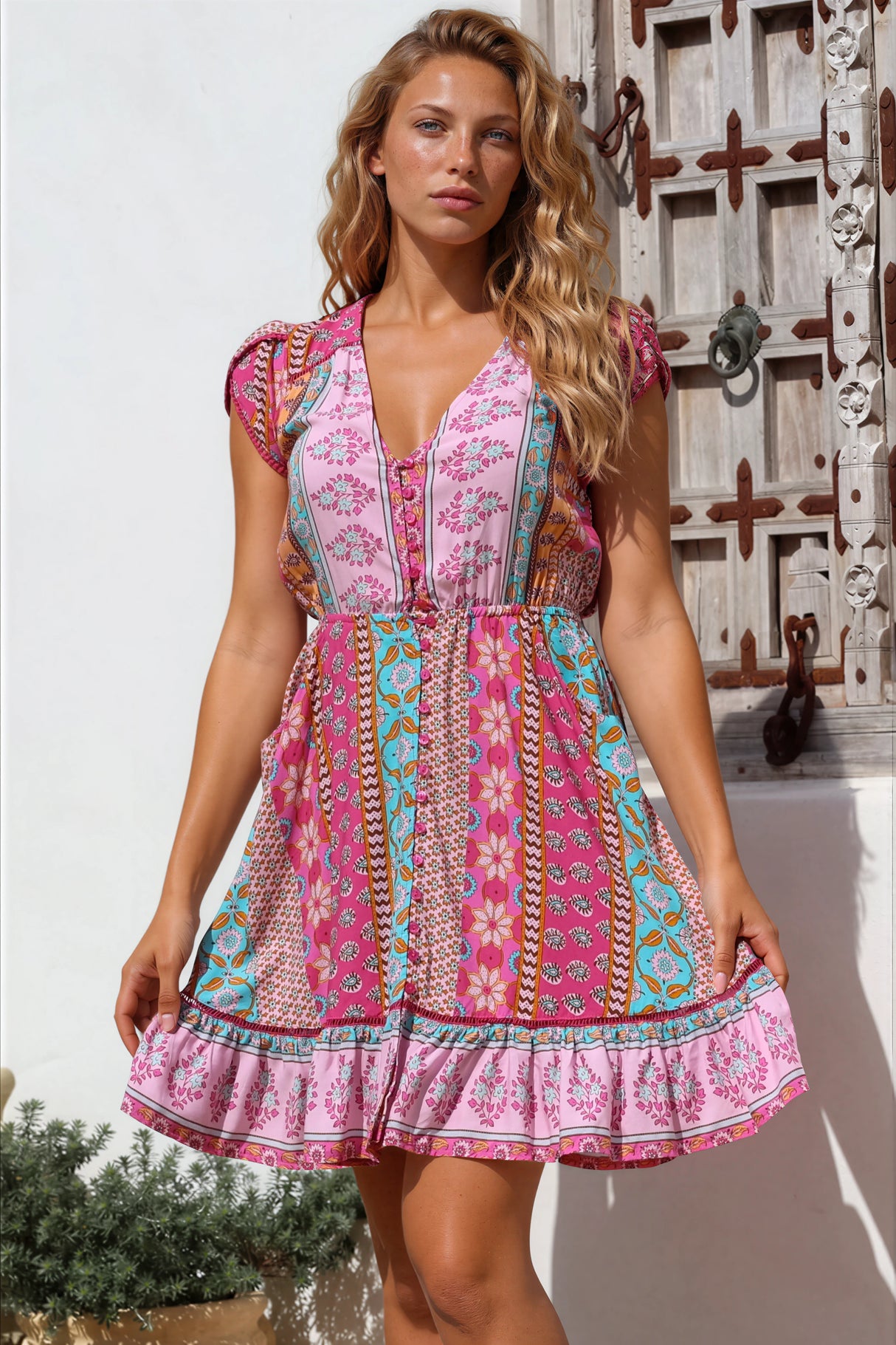 JAASE - Lizzie Mini Dress: Butterfly Cap Sleeve Button Down Dress with Pockets in Cedella Print