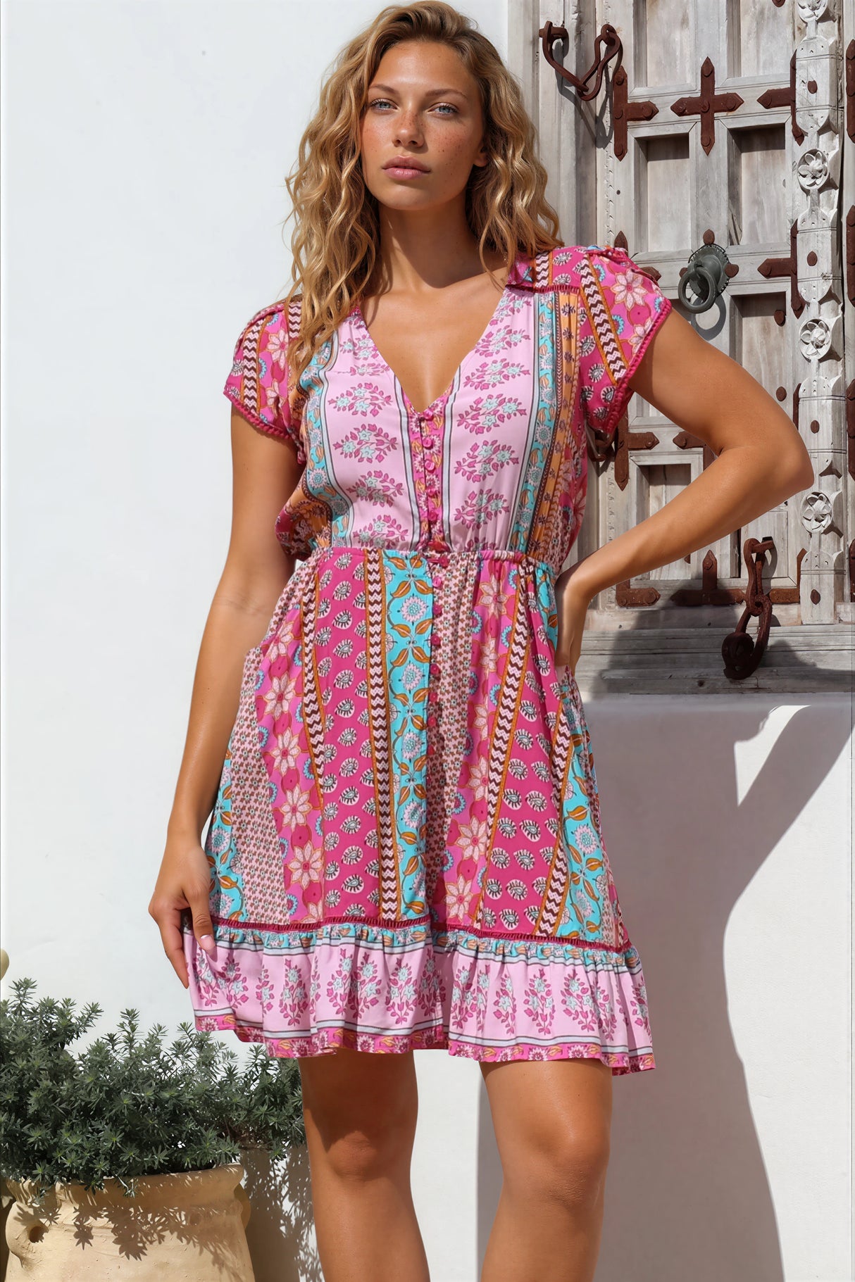 JAASE - Lizzie Mini Dress: Butterfly Cap Sleeve Button Down Dress with Pockets in Cedella Print