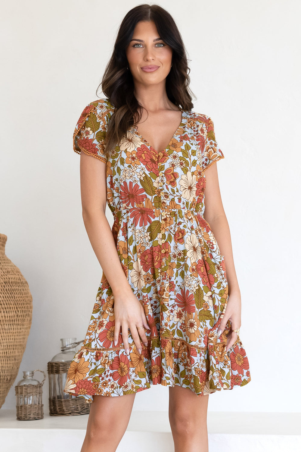 JAASE - Lizzie Mini Dress: Butterfly Cap Sleeve Button Down Dress with Pockets in Mimosa Print