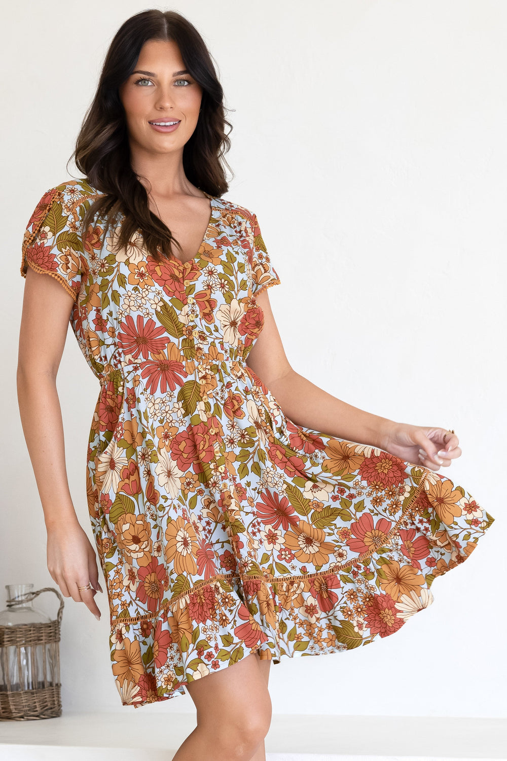 JAASE - Lizzie Mini Dress: Butterfly Cap Sleeve Button Down Dress with Pockets in Mimosa Print