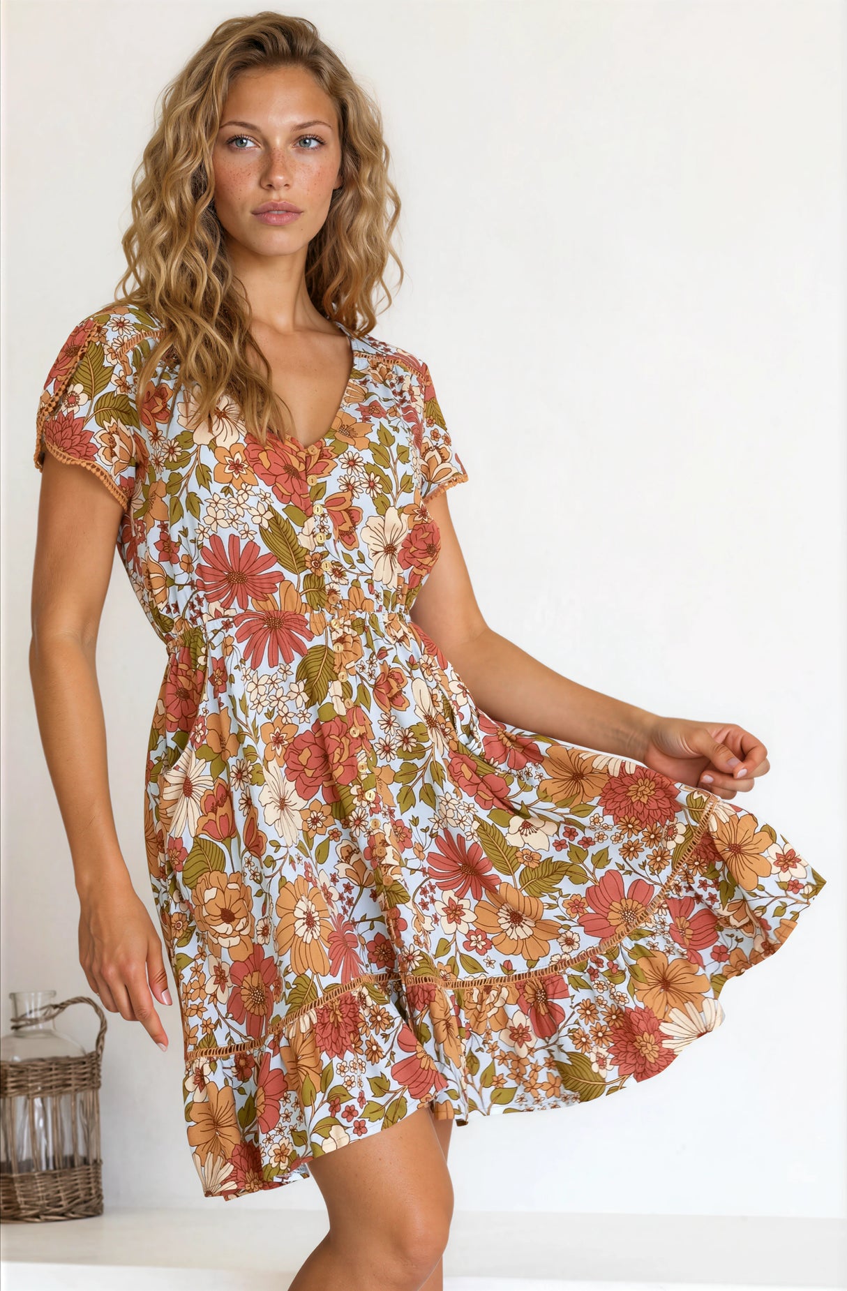 JAASE - Lizzie Mini Dress: Butterfly Cap Sleeve Button Down Dress with Pockets in Mimosa Print