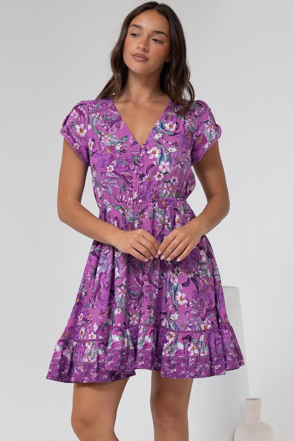 Lizzie Mini Dress - Butterfly Cap Sleeve Button Down Dress with Pockets in Rhodium Print