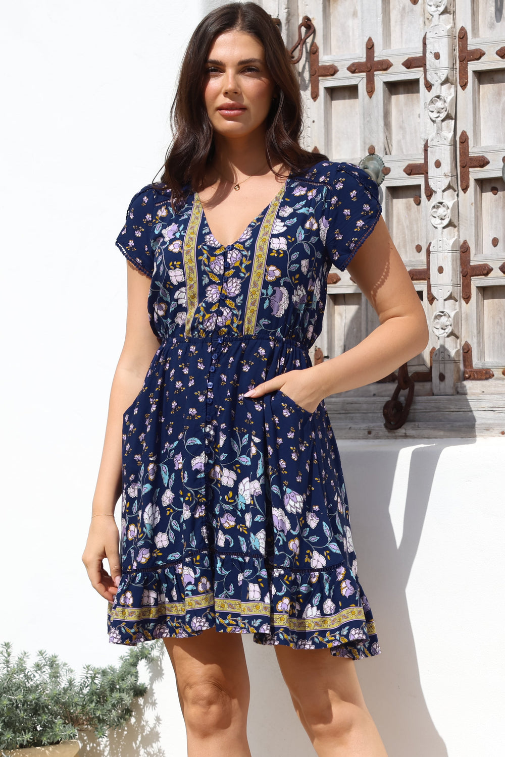 JAASE - Lizzie Mini Dress: Butterfly Cap Sleeve Button Down Dress with Pockets in Wild Indigo Print