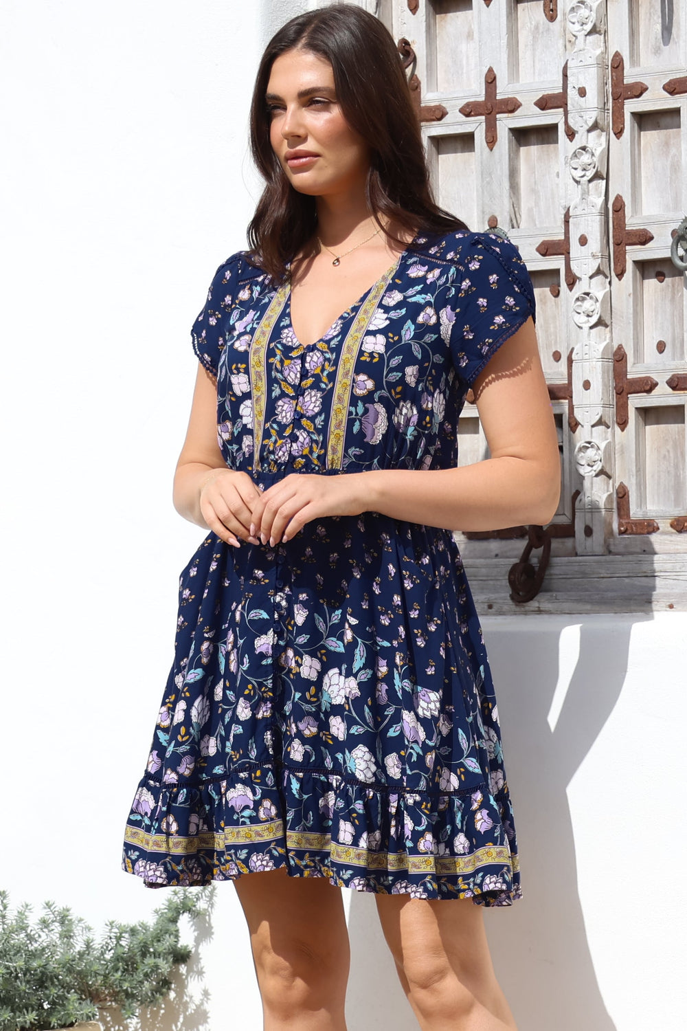JAASE - Lizzie Mini Dress: Butterfly Cap Sleeve Button Down Dress with Pockets in Wild Indigo Print