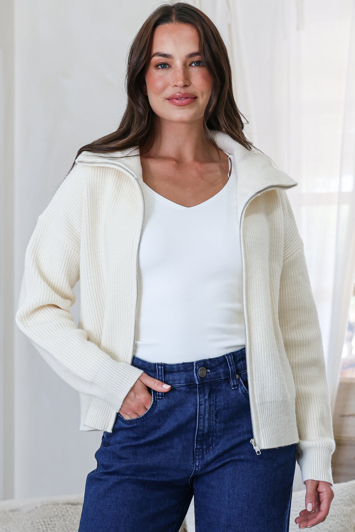 Model wearing Logan Cardigan in Cream from Salty Crush