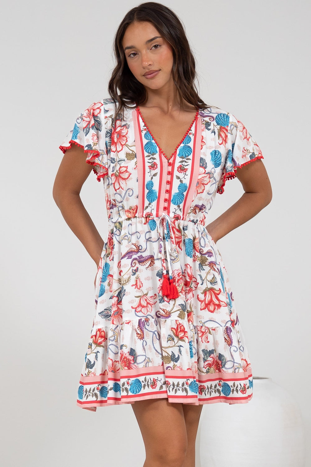 Loisa Mini Dress - Crochet Trim V Neck Dress with Cap Sleeves in Safia Print