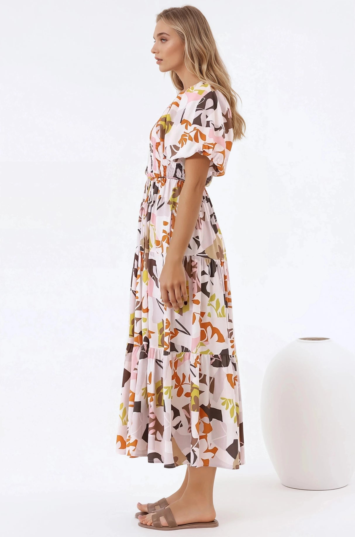 Lolitta Midi Dress - On or Off Shoulder Elasticated Bodice Dress in Irisa Print