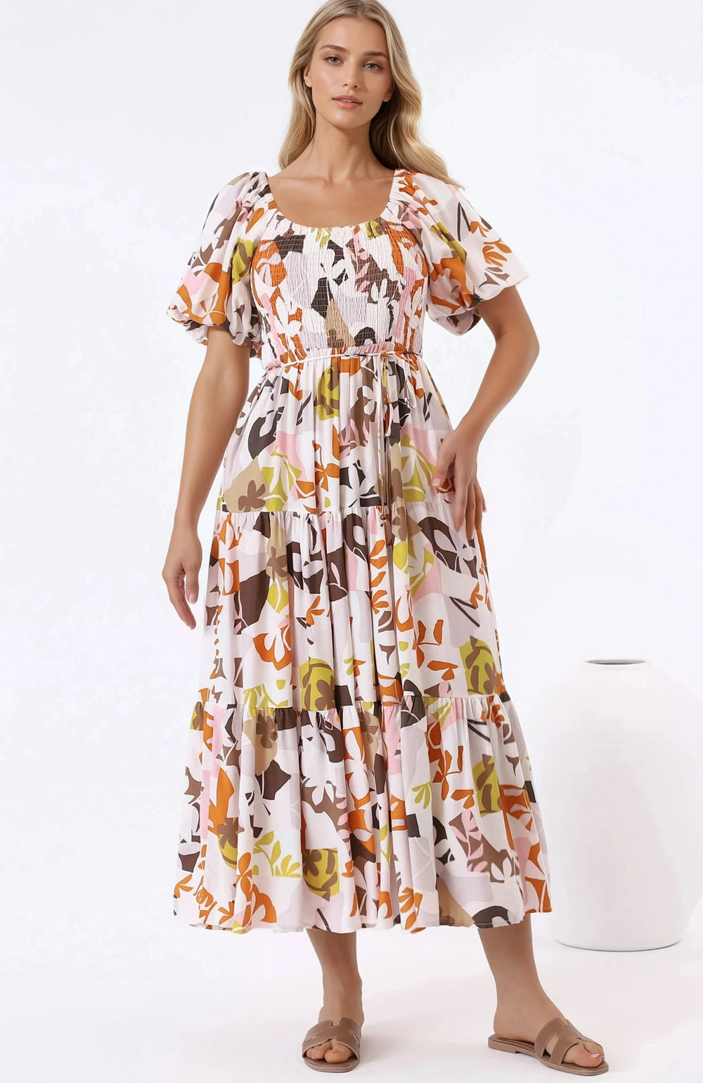 Lolitta Midi Dress - On or Off Shoulder Elasticated Bodice Dress in Irisa Print