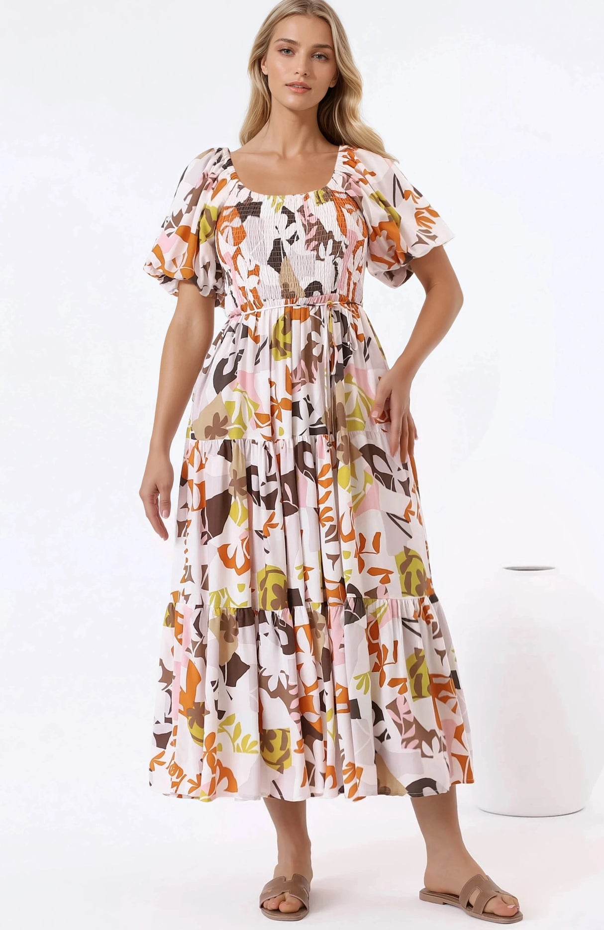 Lolitta Midi Dress - On or Off Shoulder Elasticated Bodice Dress in Irisa Print