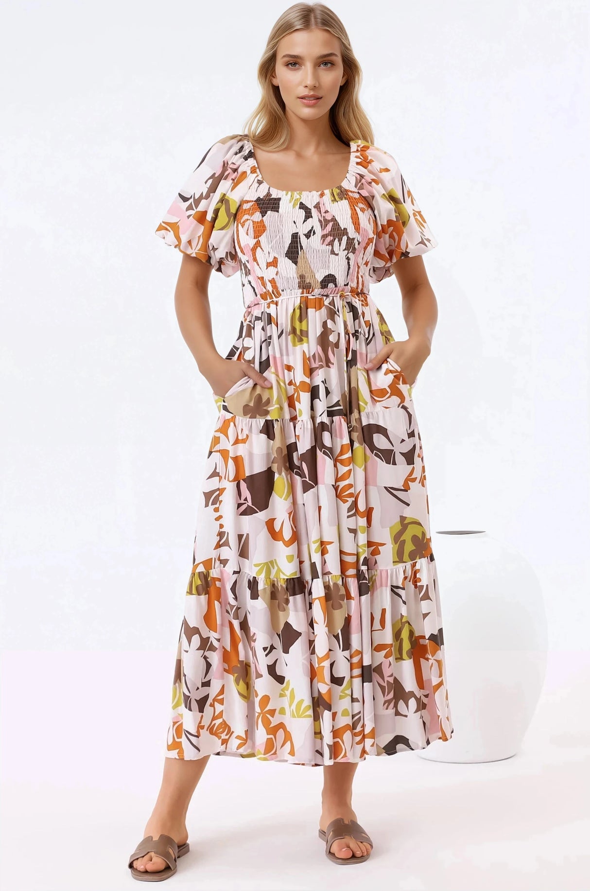 Lolitta Midi Dress - On or Off Shoulder Elasticated Bodice Dress in Irisa Print