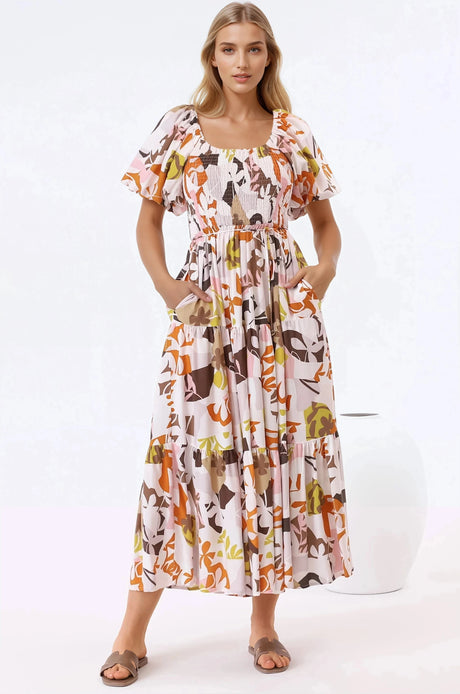 Lolitta Midi Dress - On or Off Shoulder Elasticated Bodice Dress in Irisa Print
