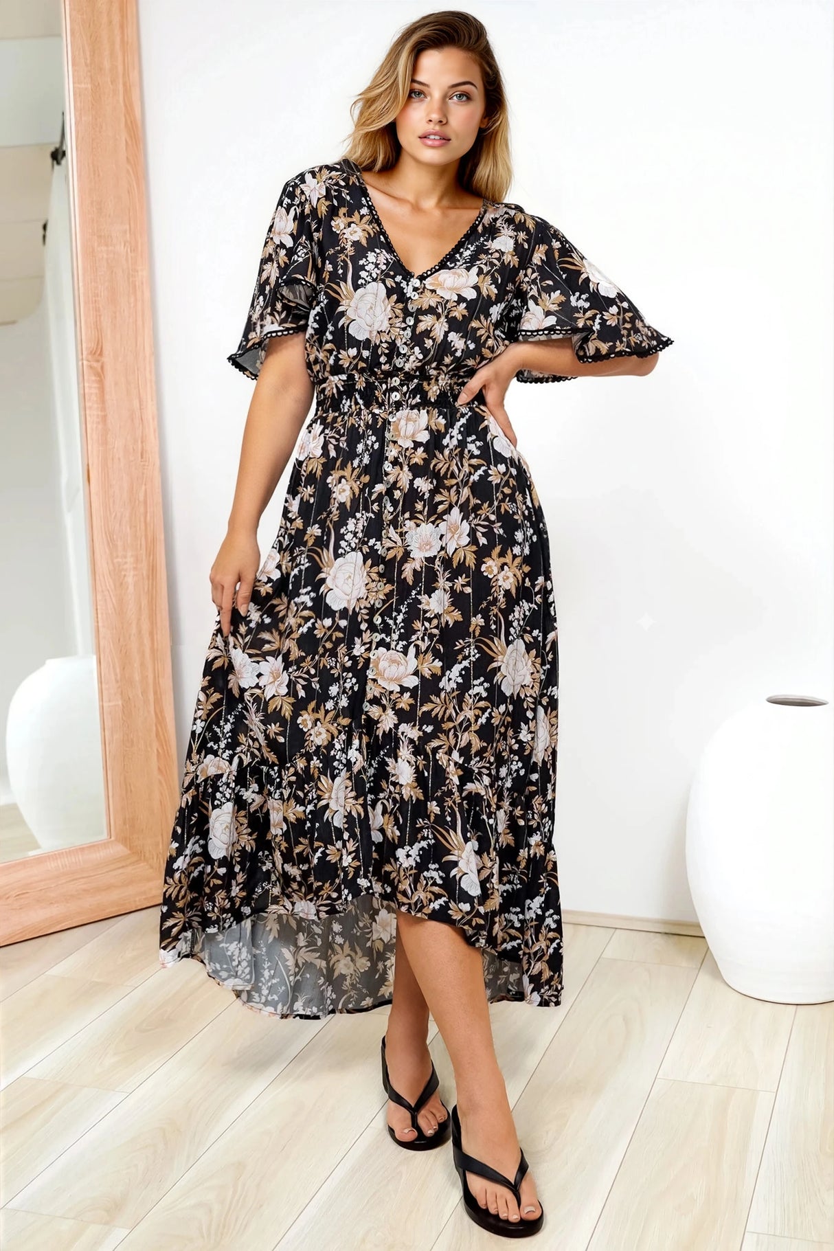 London Maxi Dress - Elasticated Waist Button Detail High Low Dress with Flutter Cap Sleeves in Sorrento Print Black