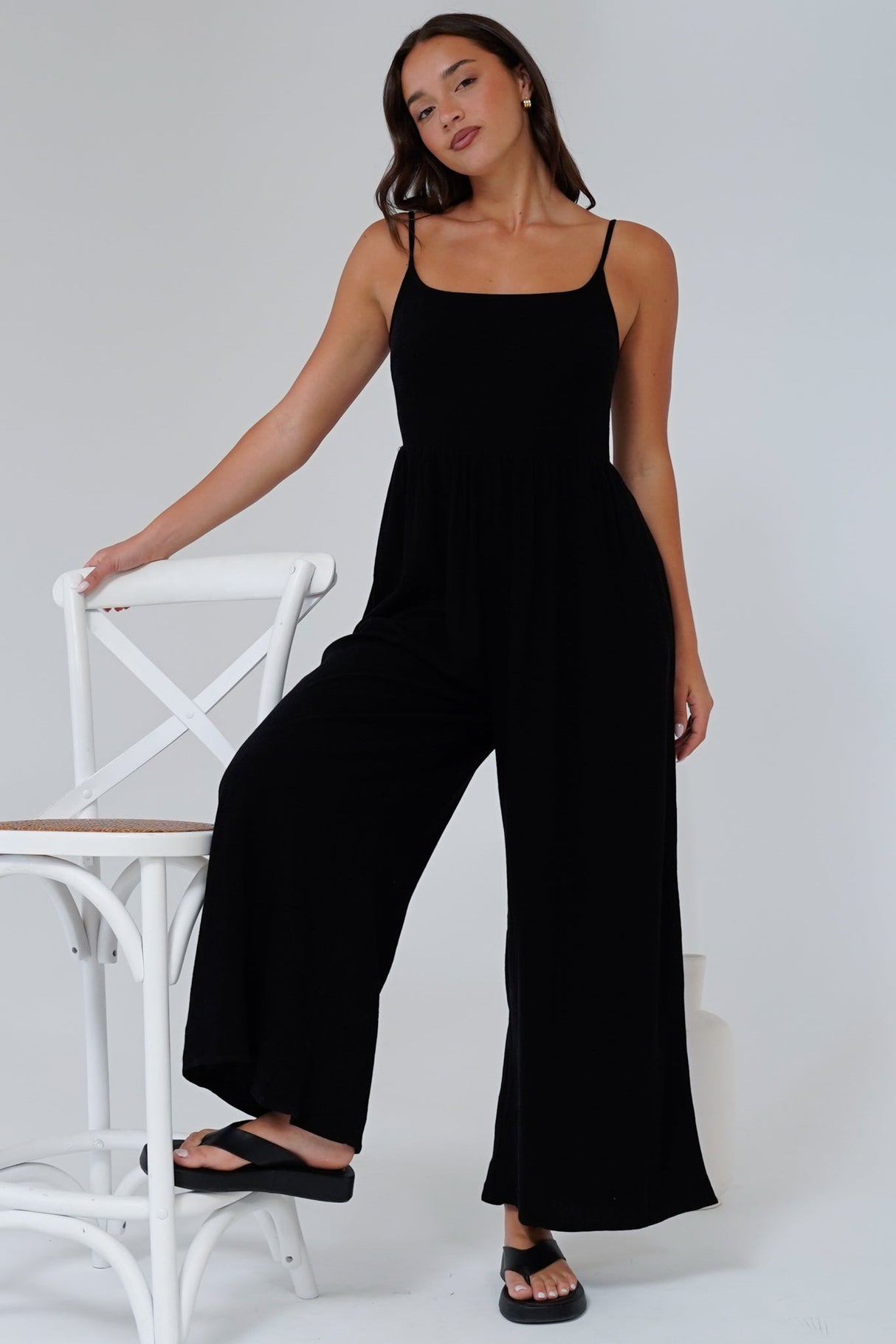 Lonnie Jumpsuit - Square Neckline Wide Leg Pant Jumpsuit in Black