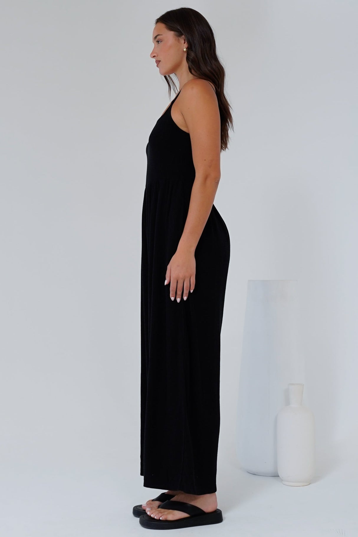 Lonnie Jumpsuit - Square Neckline Wide Leg Pant Jumpsuit in Black