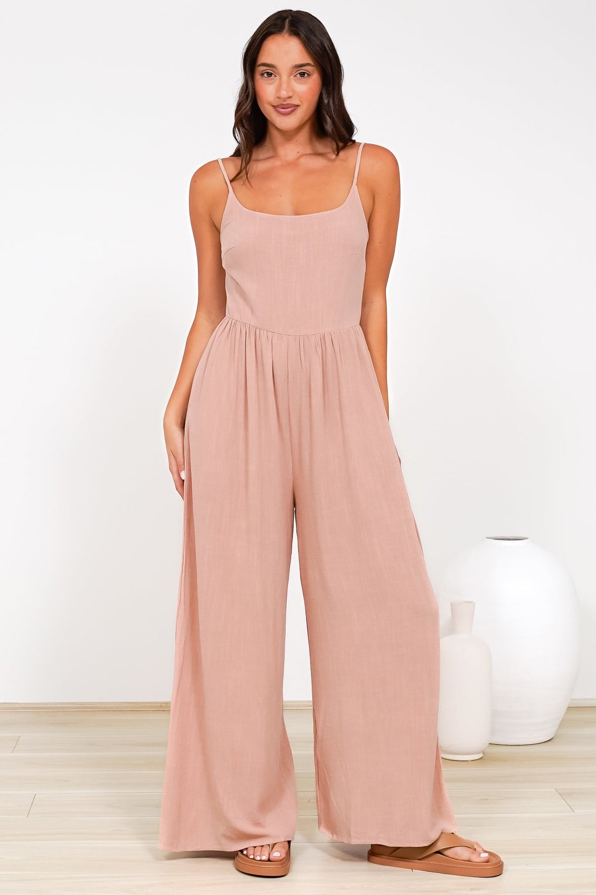 Lonnie Jumpsuit - Square Neckline Wide Leg Pant Jumpsuit in Dusty Pink