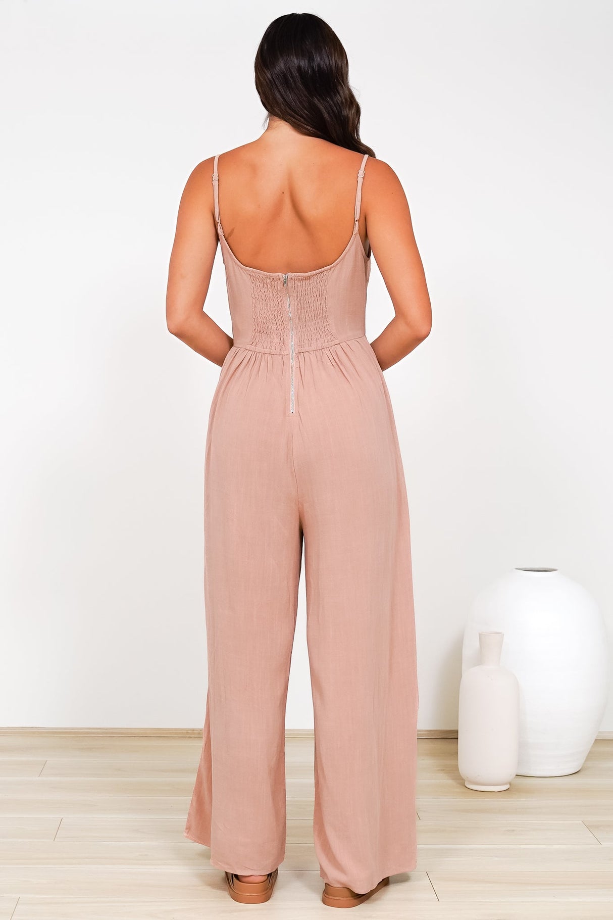 Lonnie Jumpsuit - Square Neckline Wide Leg Pant Jumpsuit in Dusty Pink