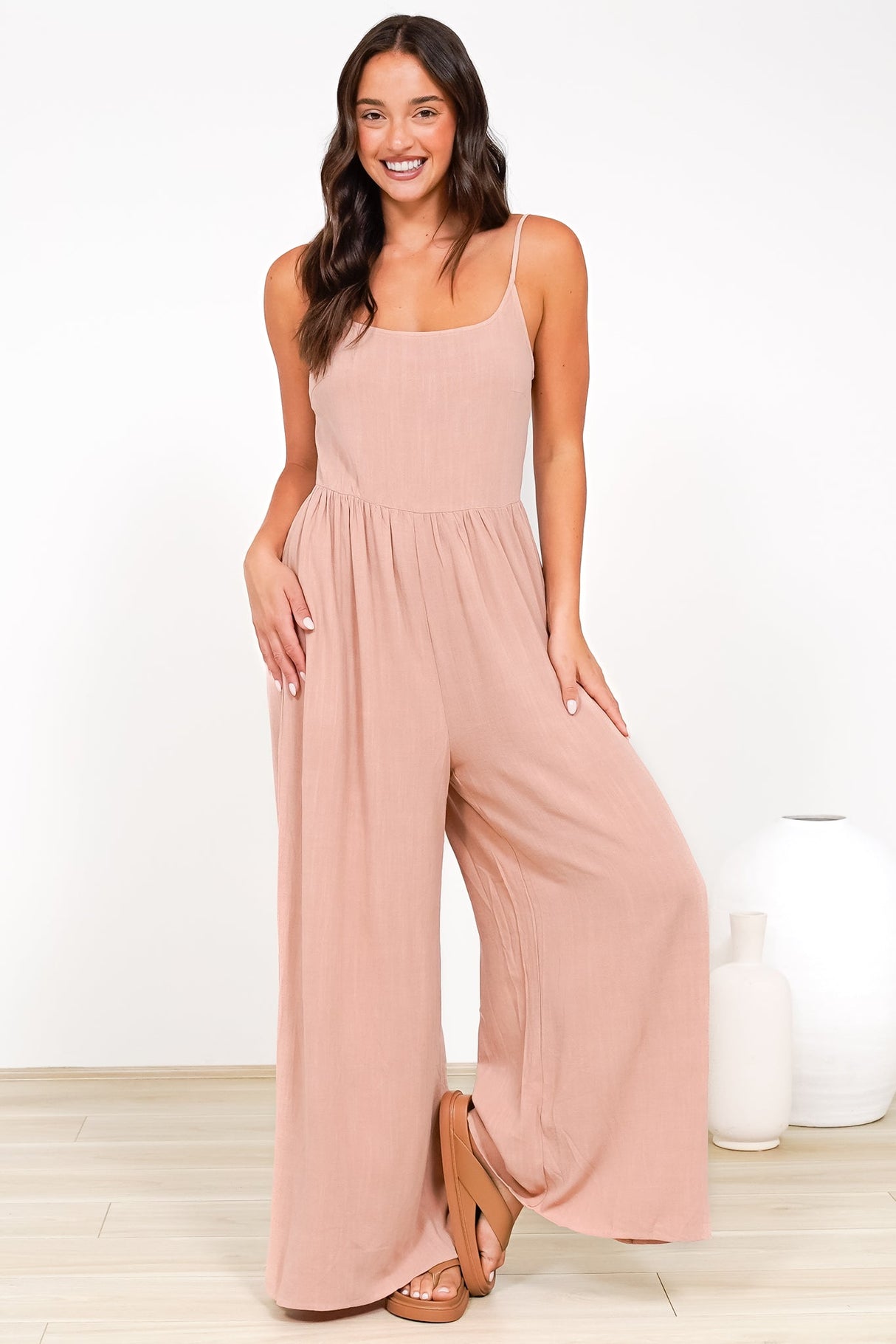 Lonnie Jumpsuit - Square Neckline Wide Leg Pant Jumpsuit in Dusty Pink