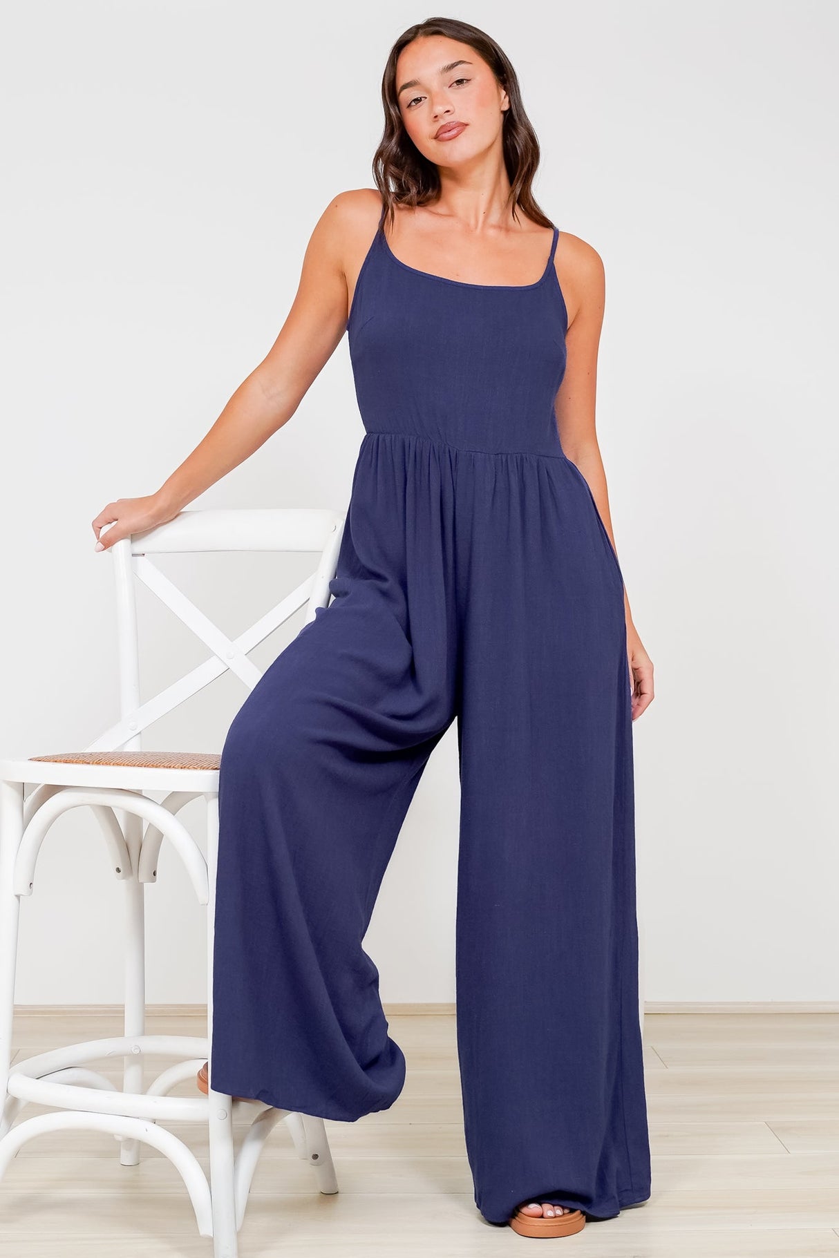 Lonnie Jumpsuit - Square Neckline Wide Leg Pant Jumpsuit in Navy