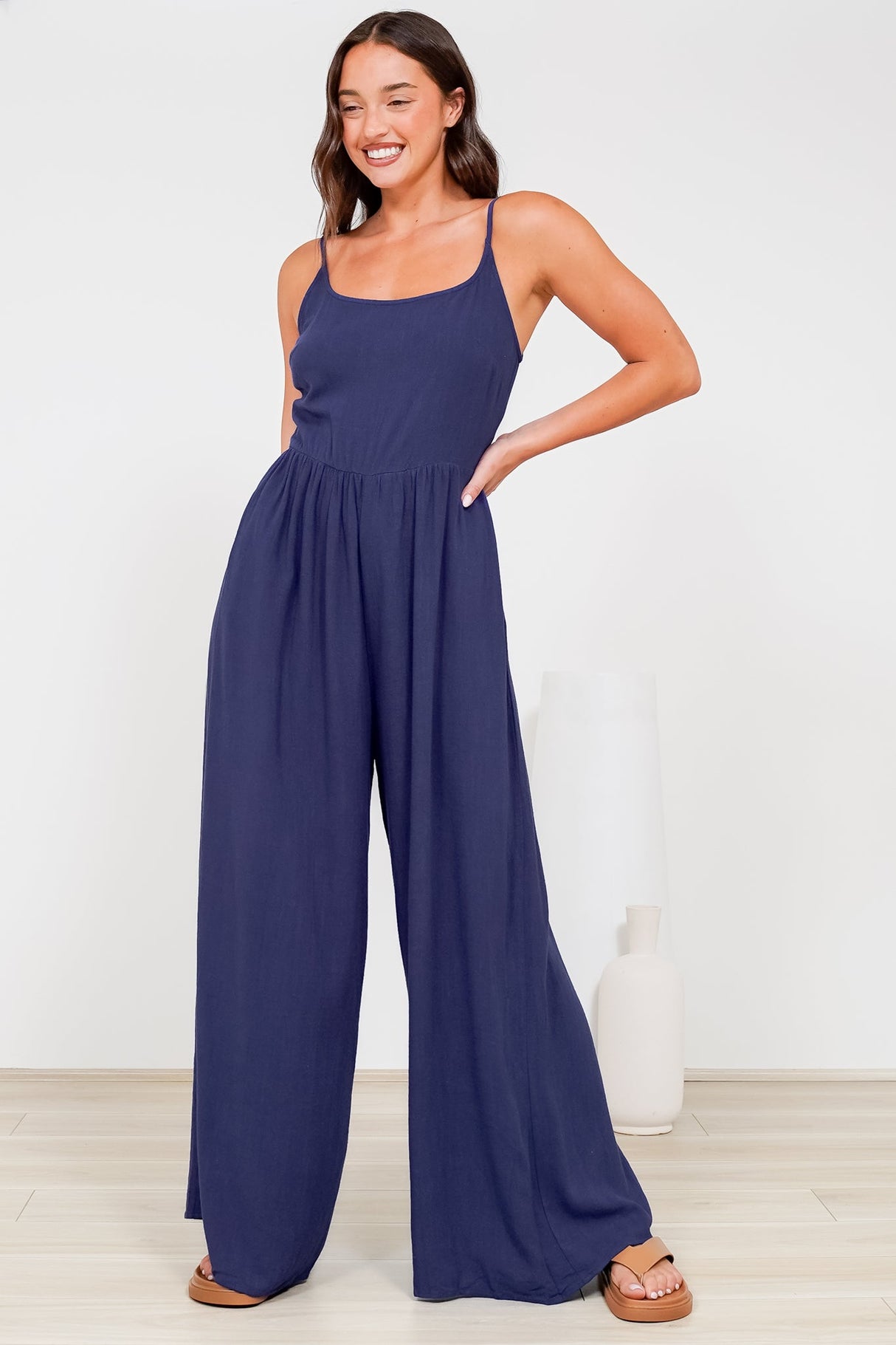 Lonnie Jumpsuit - Square Neckline Wide Leg Pant Jumpsuit in Navy