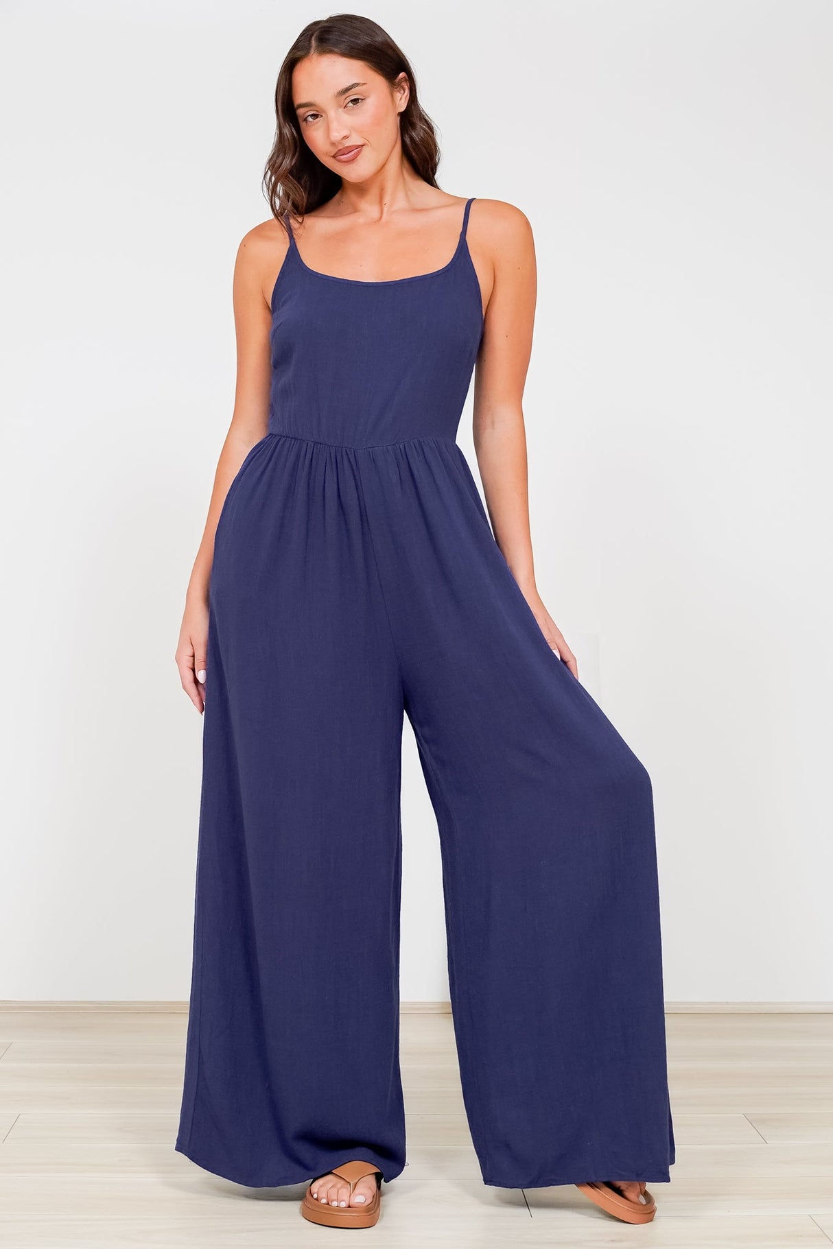 Lonnie Jumpsuit - Square Neckline Wide Leg Pant Jumpsuit in Navy