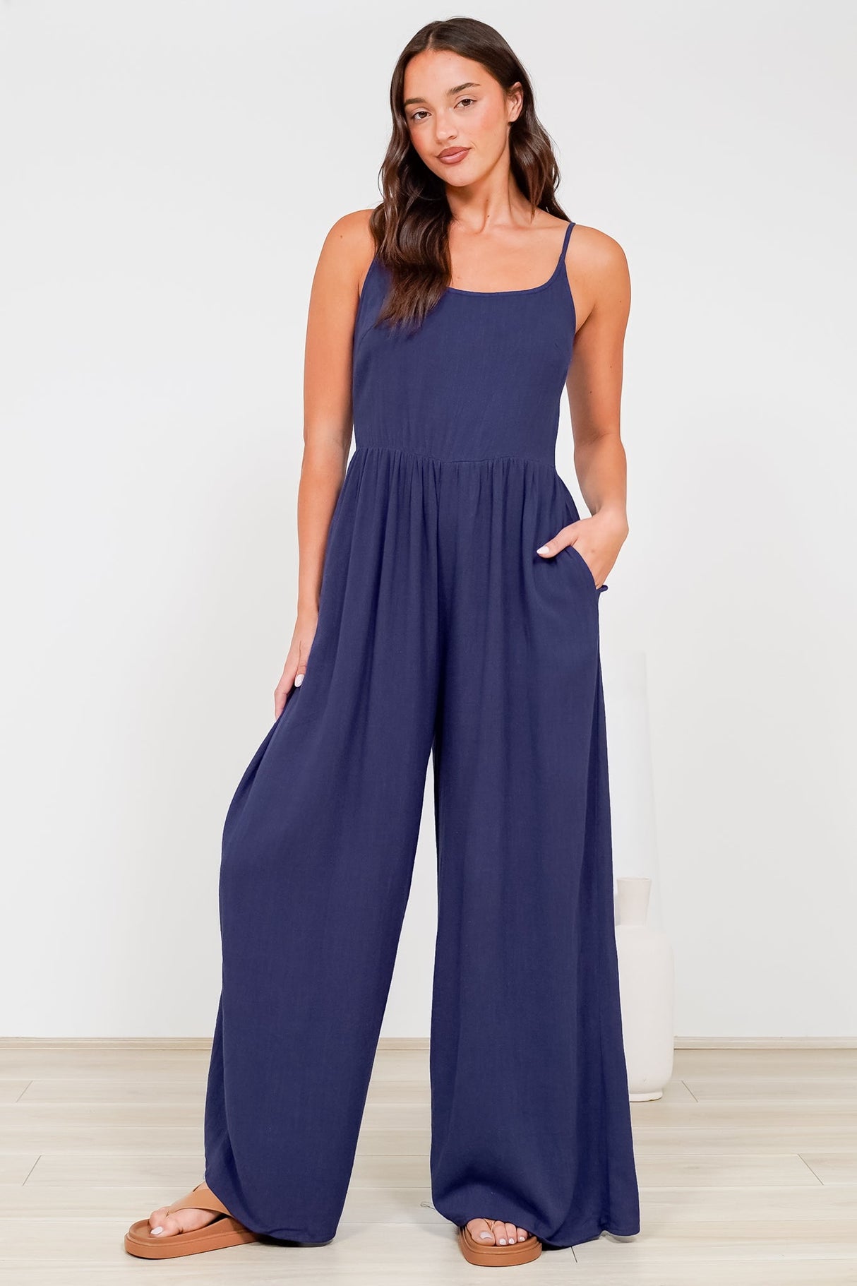 Lonnie Jumpsuit - Square Neckline Wide Leg Pant Jumpsuit in Navy