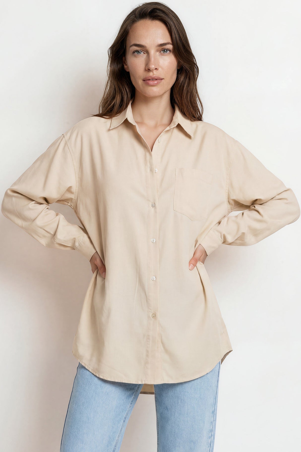 Model wearing Lopez Shirt in Beige from Salty Crush