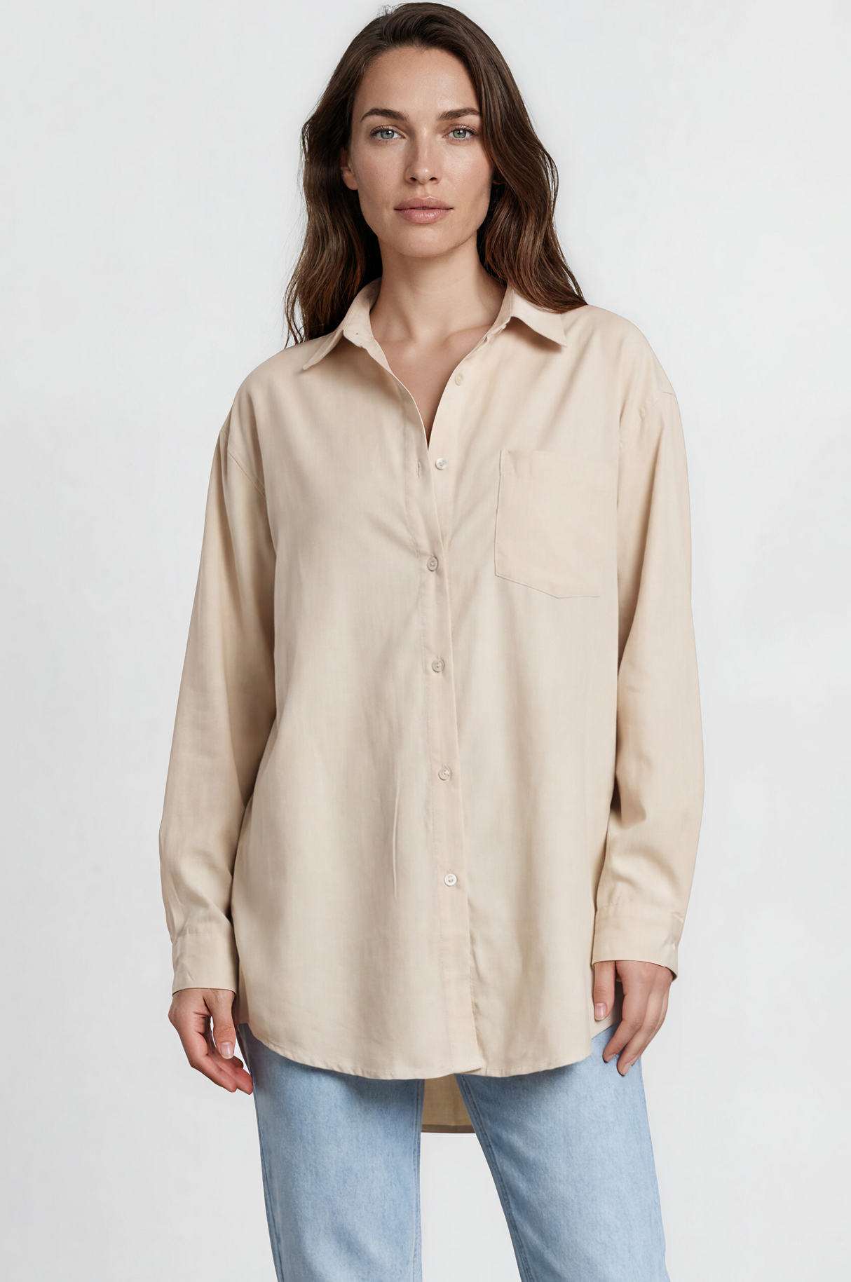 Model wearing Lopez Shirt in Beige from Salty Crush
