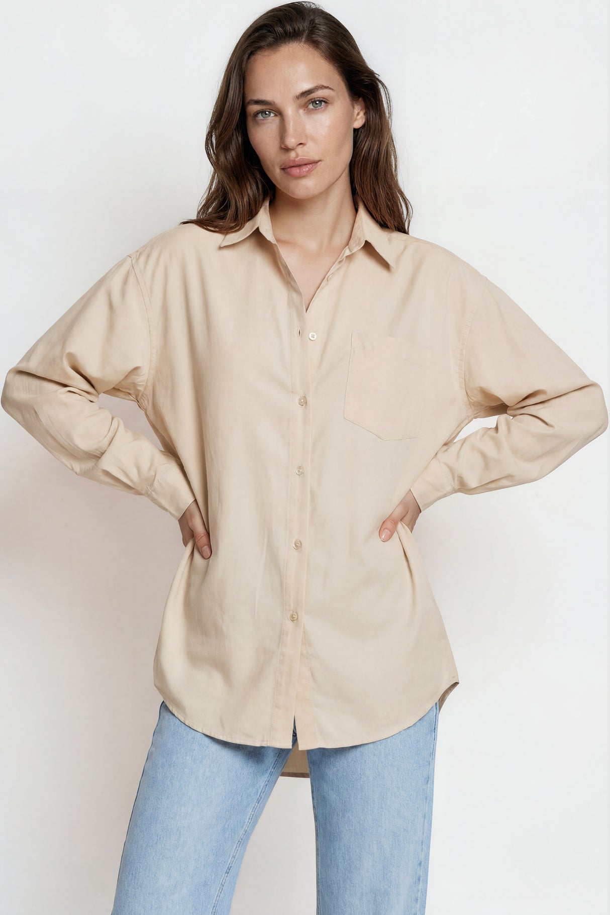 Model wearing Lopez Shirt in Beige from Salty Crush