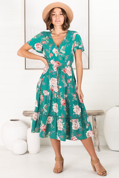 Lore Midi Dress - Cross Over Bodice Tiered Skirt with Crochet Splicing in Louise Print