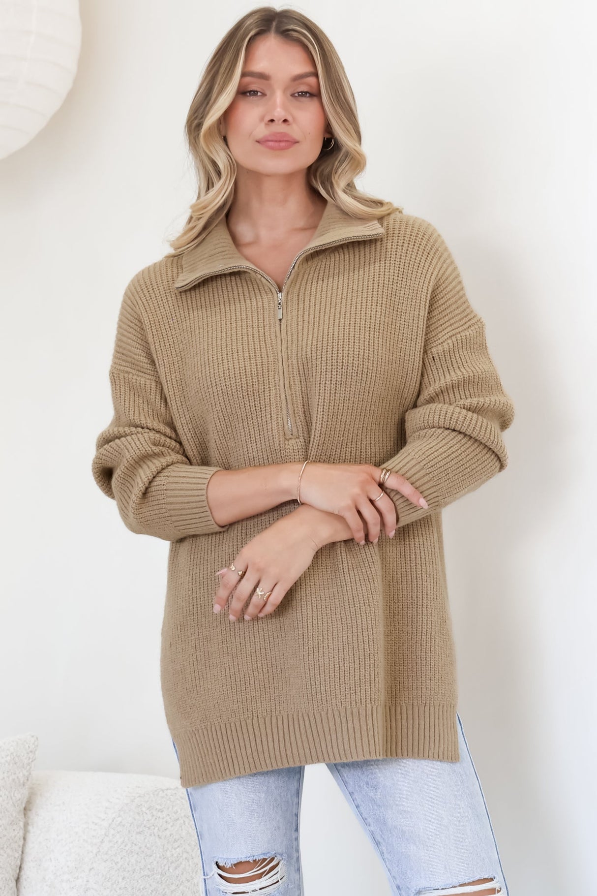 Lorelai Jumper - Chunky Collar with Zipper Detail Long Knit Jumper in Camel