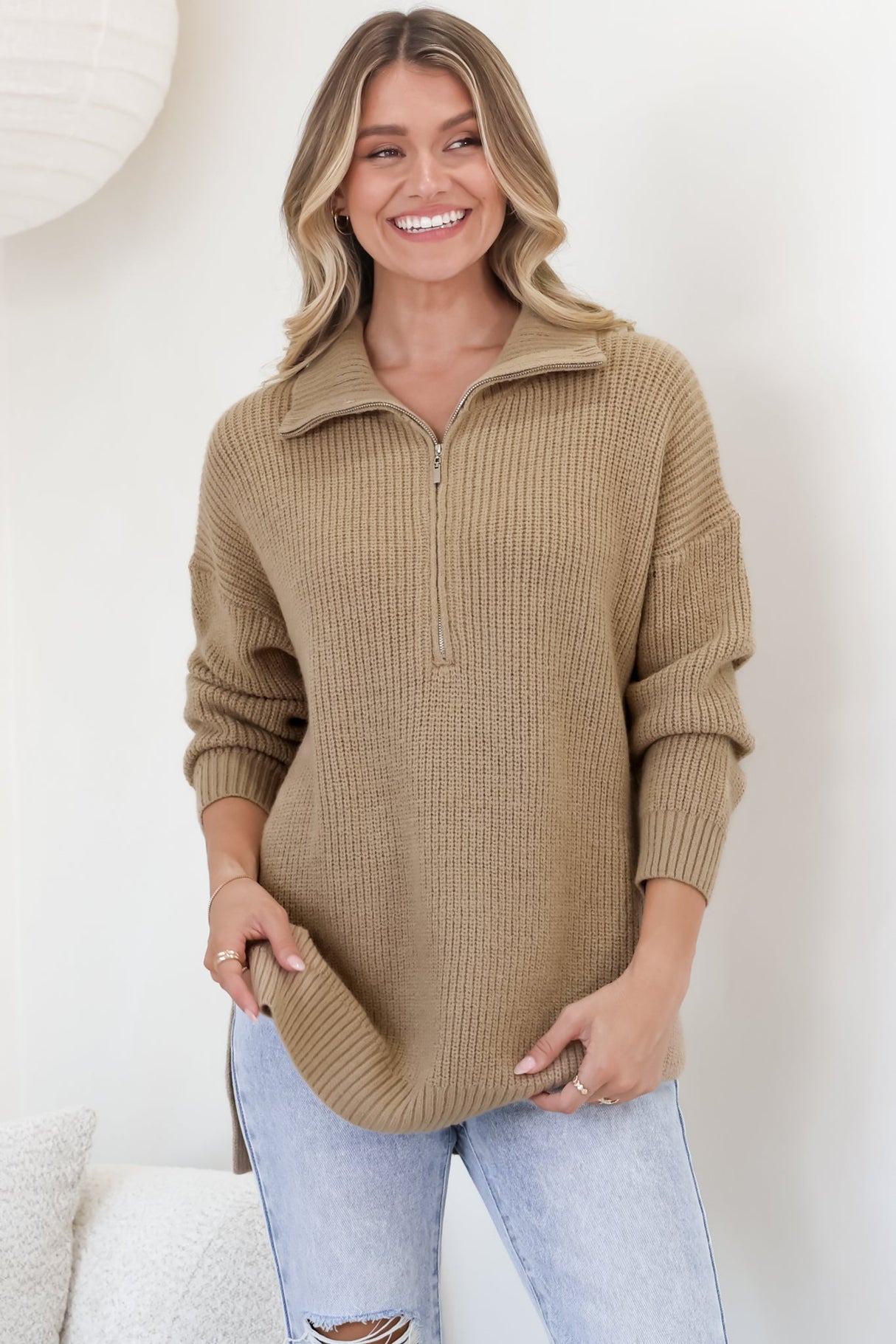 Lorelai Jumper - Chunky Collar with Zipper Detail Long Knit Jumper in Camel