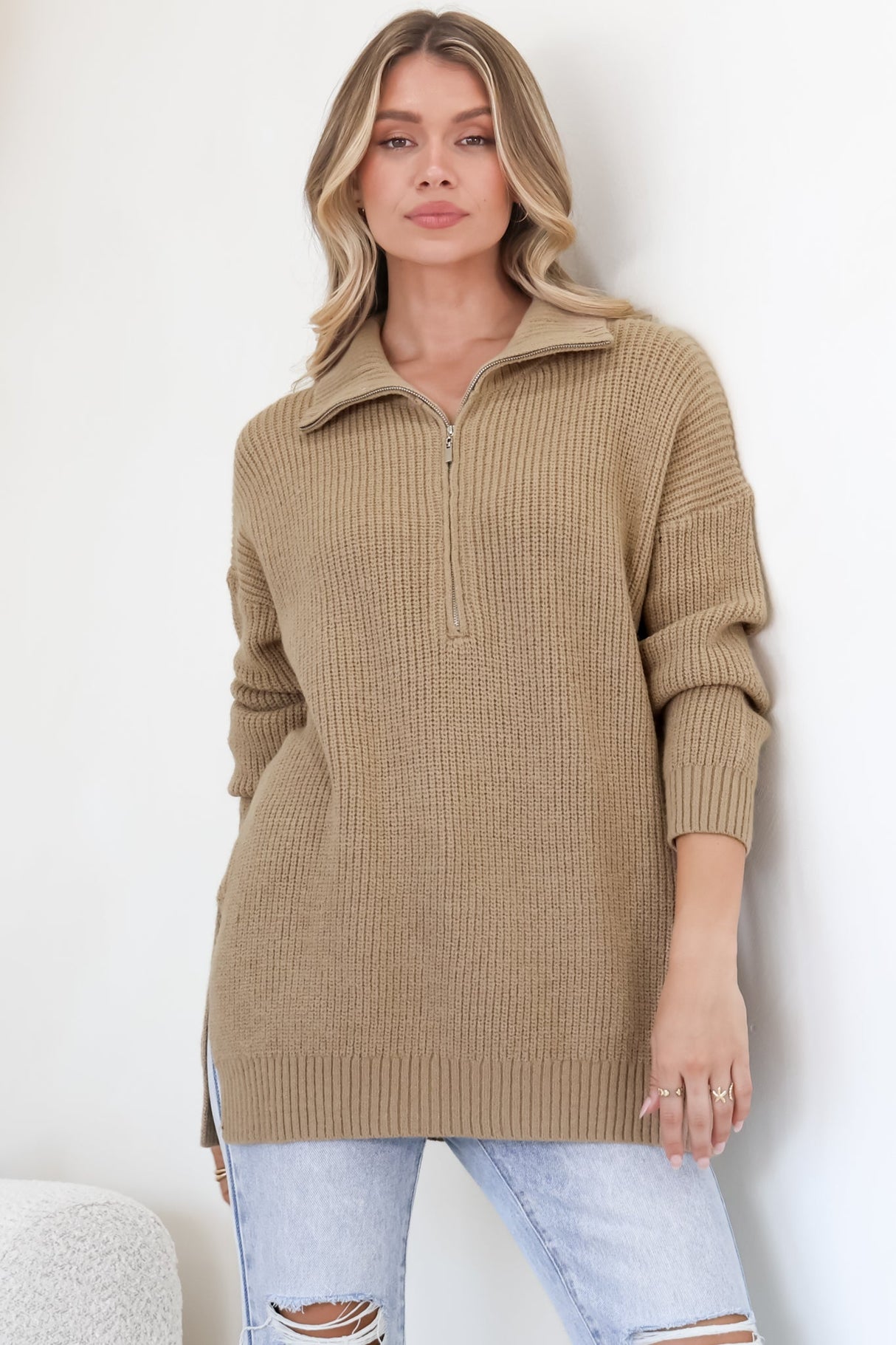 Lorelai Jumper - Chunky Collar with Zipper Detail Long Knit Jumper in Camel