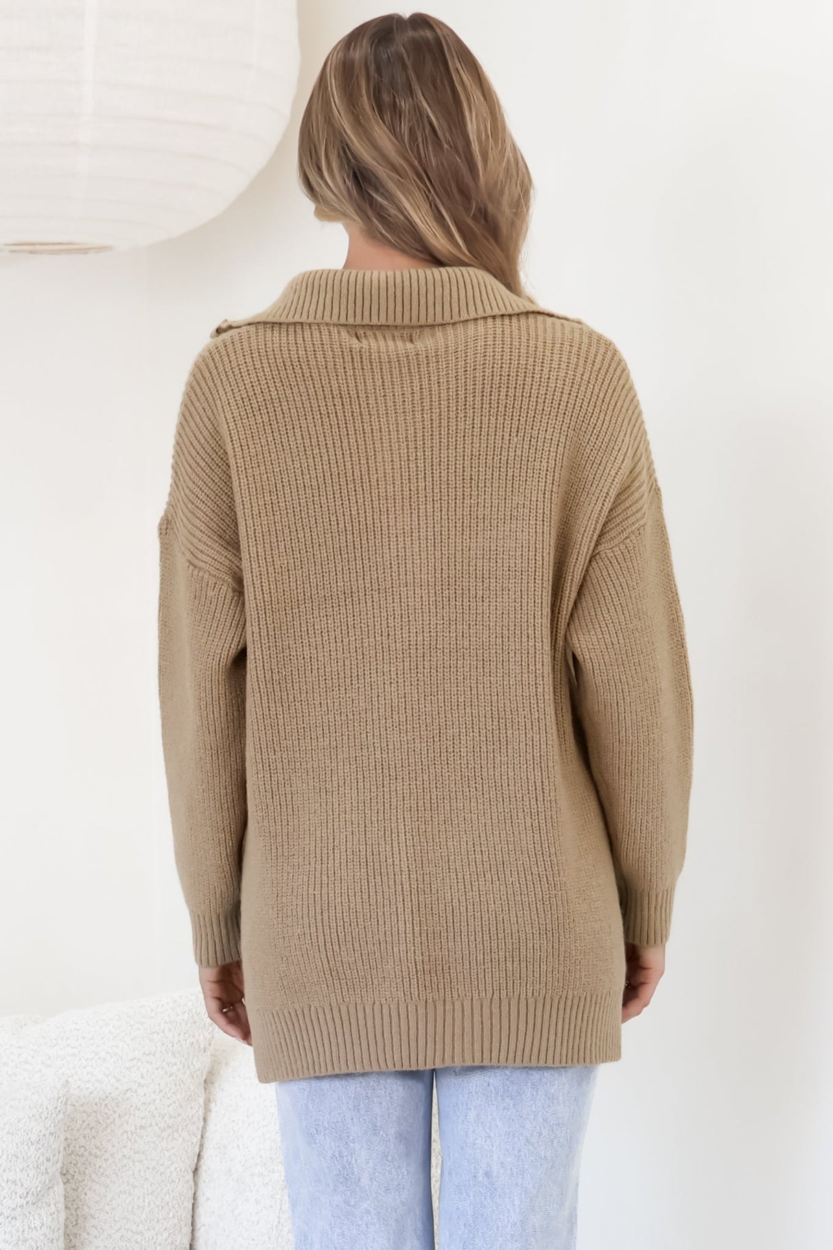 Lorelai Jumper - Chunky Collar with Zipper Detail Long Knit Jumper in Camel