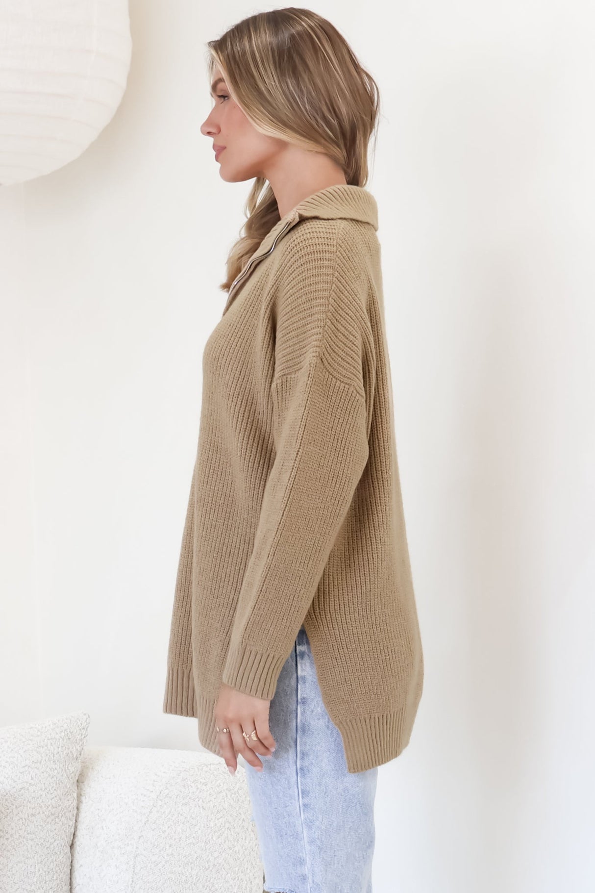 Lorelai Jumper - Chunky Collar with Zipper Detail Long Knit Jumper in Camel