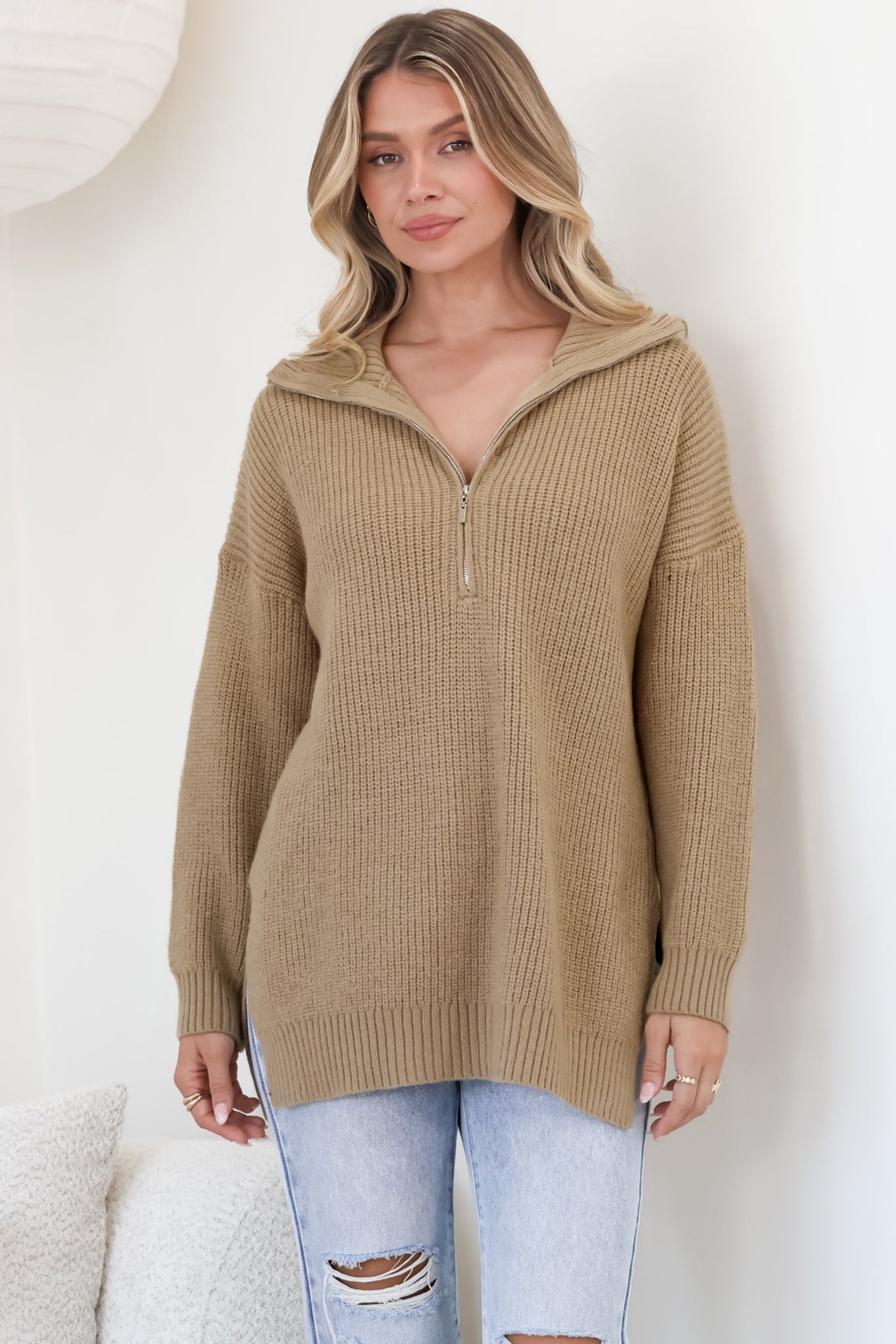 Lorelai Jumper - Chunky Collar with Zipper Detail Long Knit Jumper in Camel