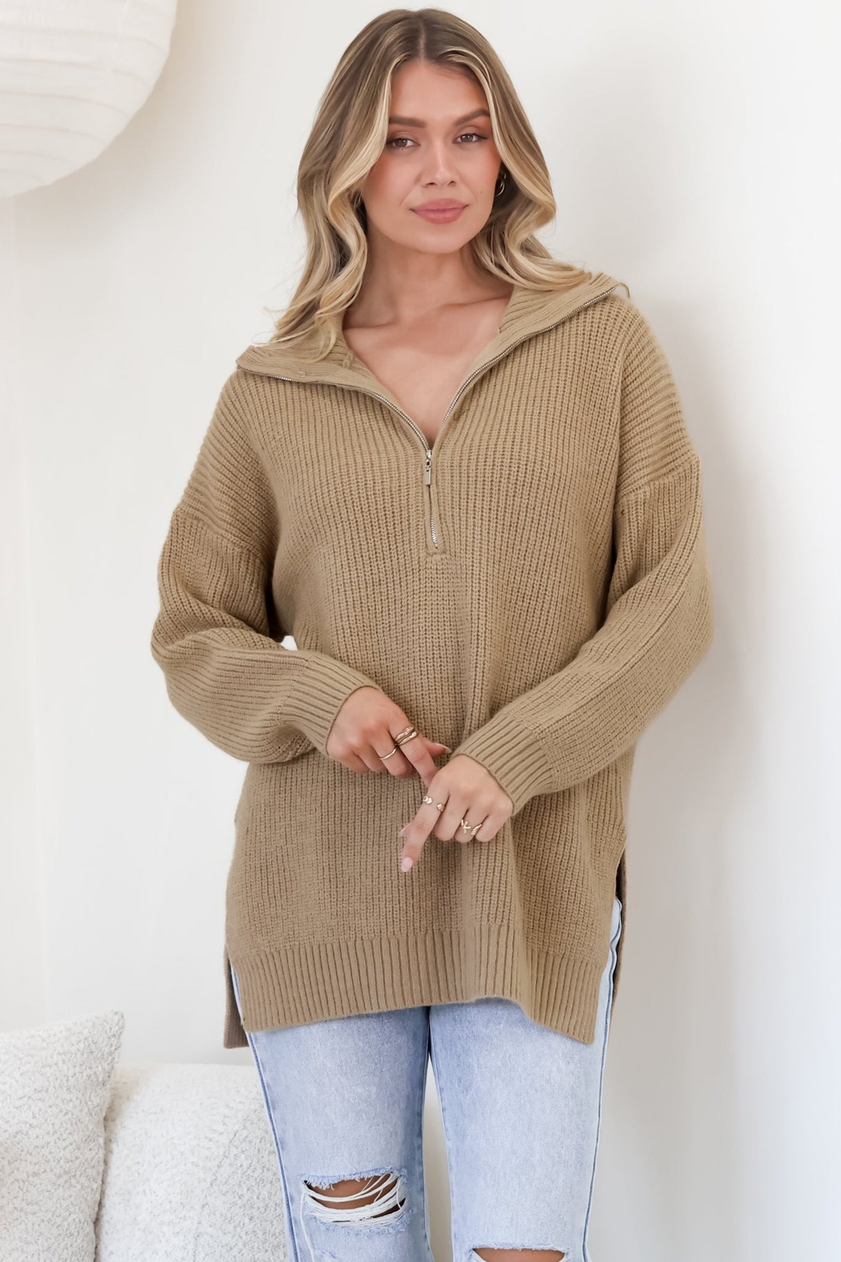 Lorelai Jumper - Chunky Collar with Zipper Detail Long Knit Jumper in Camel