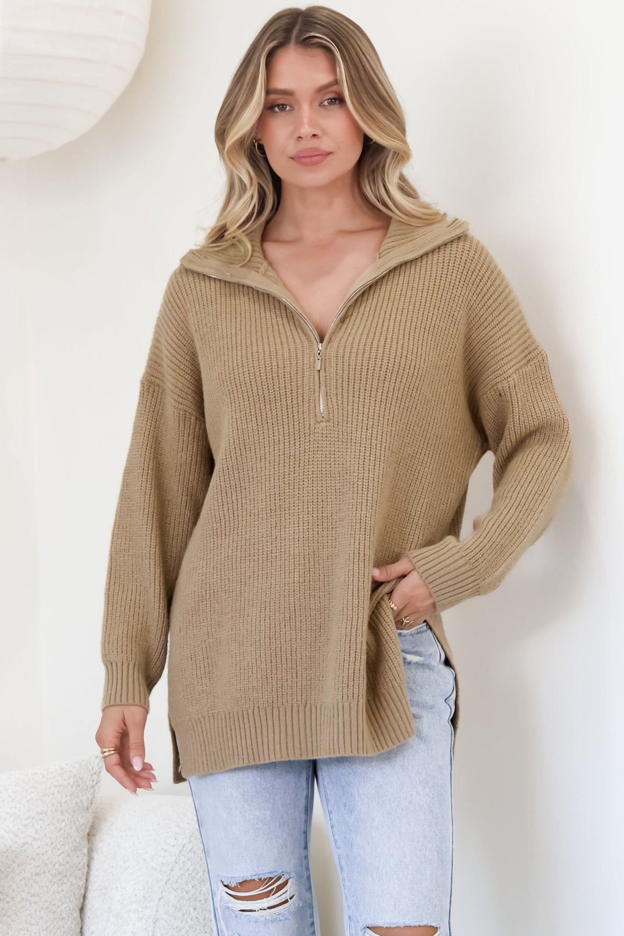 Lorelai Jumper - Chunky Collar with Zipper Detail Long Knit Jumper in Camel