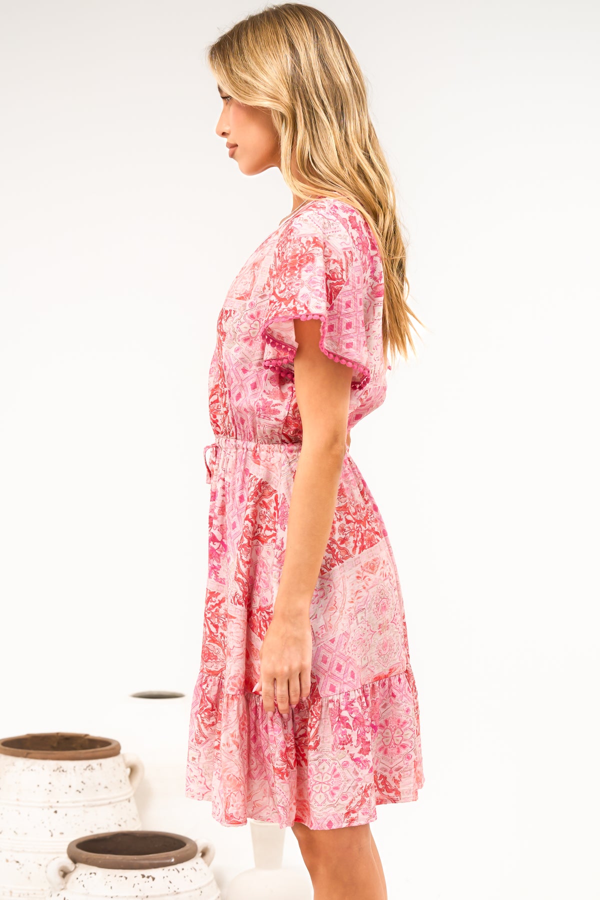 Lorena Mini Dress - V Neck Pull Tie Waist Mini Dress in Coralise Print Pink