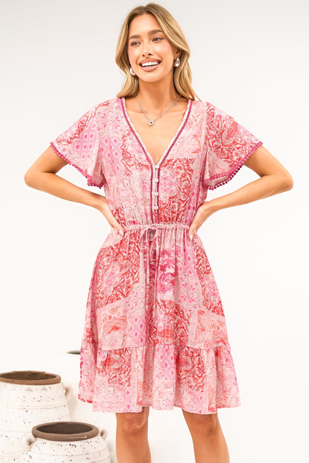 Lorena Mini Dress - V Neck Pull Tie Waist Mini Dress in Coralise Print Pink