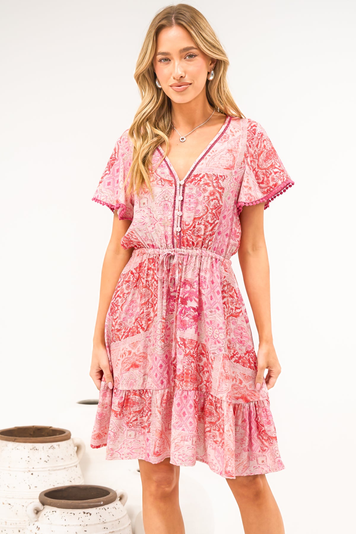 Lorena Mini Dress - V Neck Pull Tie Waist Mini Dress in Coralise Print Pink