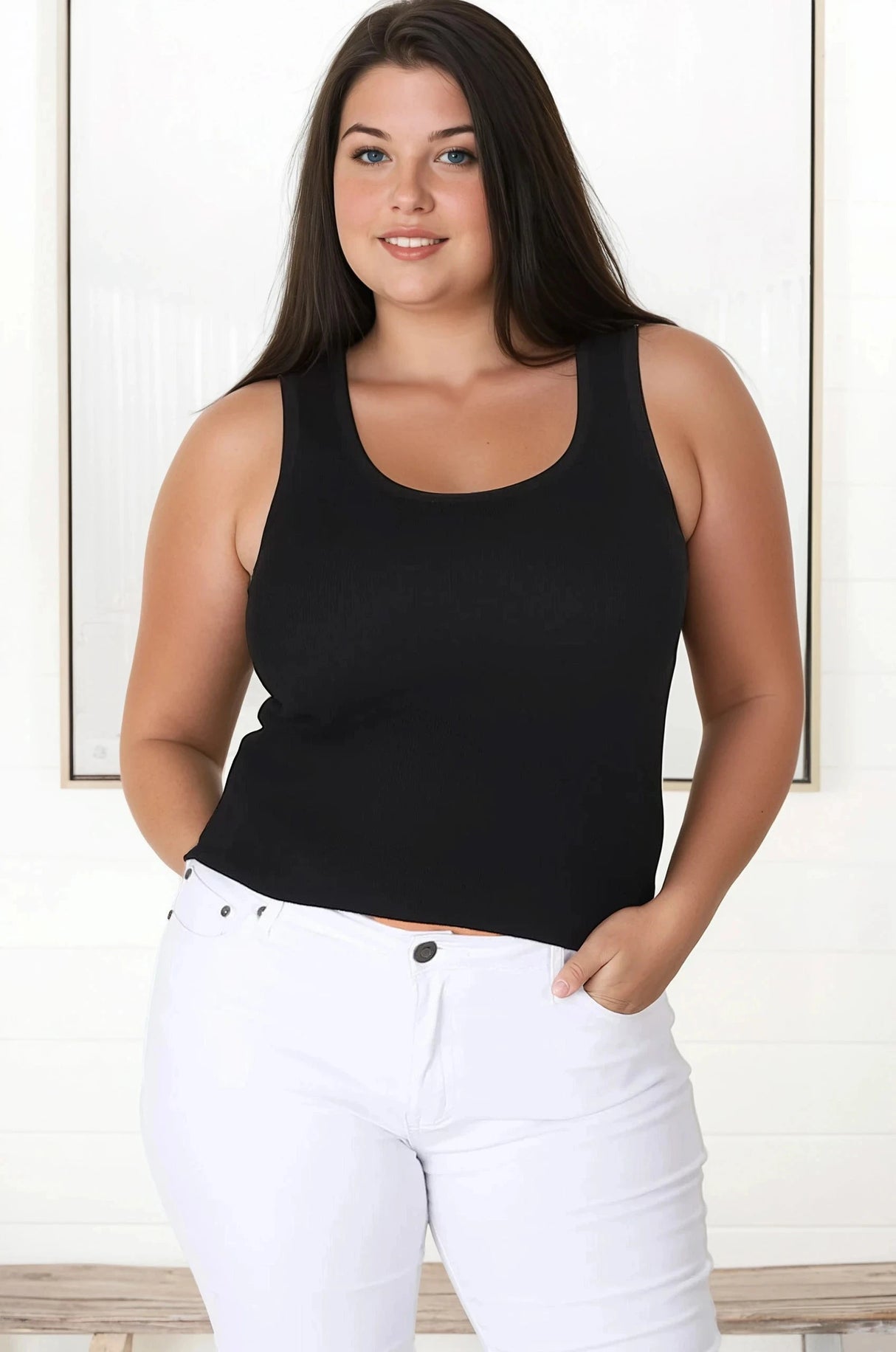 Lorena Ribbed Top - Scooped Neckline Thick Strap Ribbed Top in Black