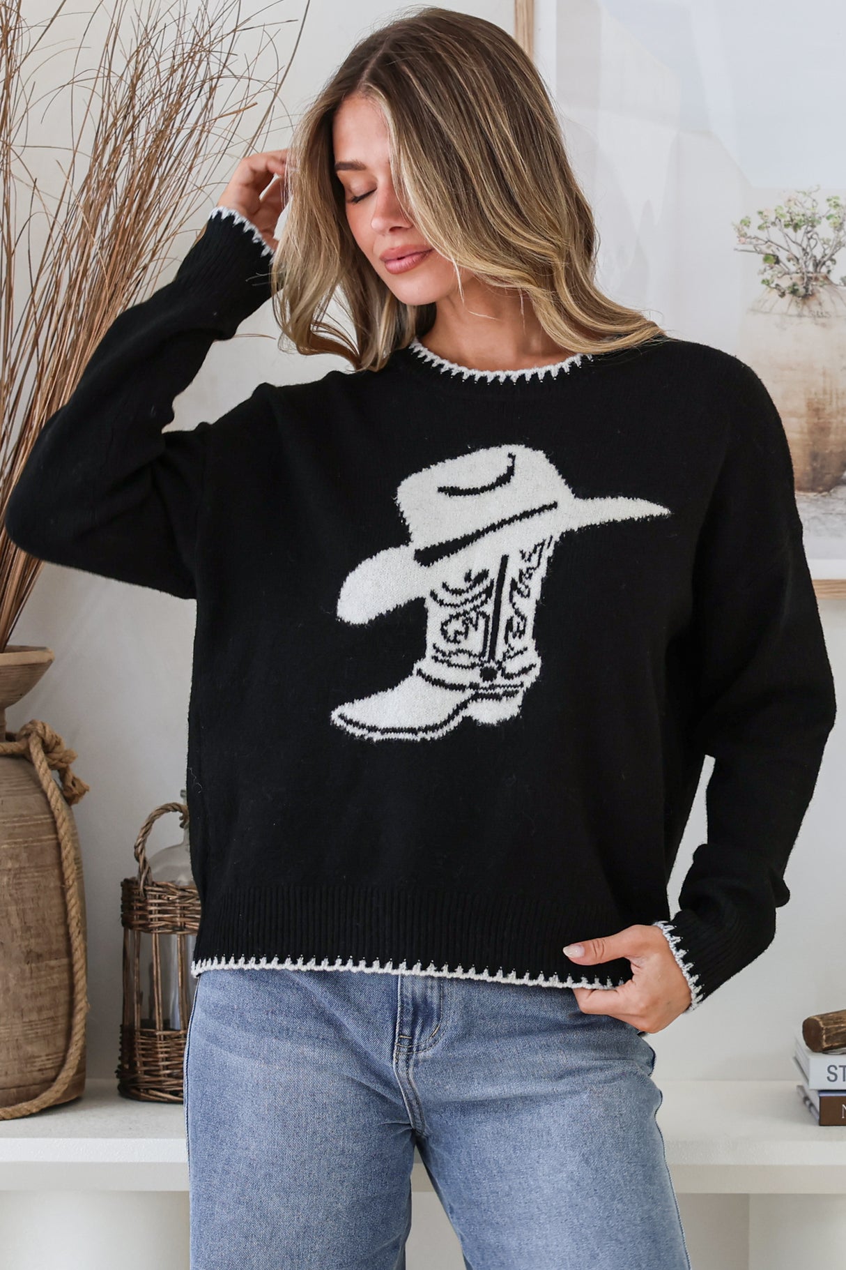 Loretta Jumper - Crew Neck Cowgirl Motif Knit in Black