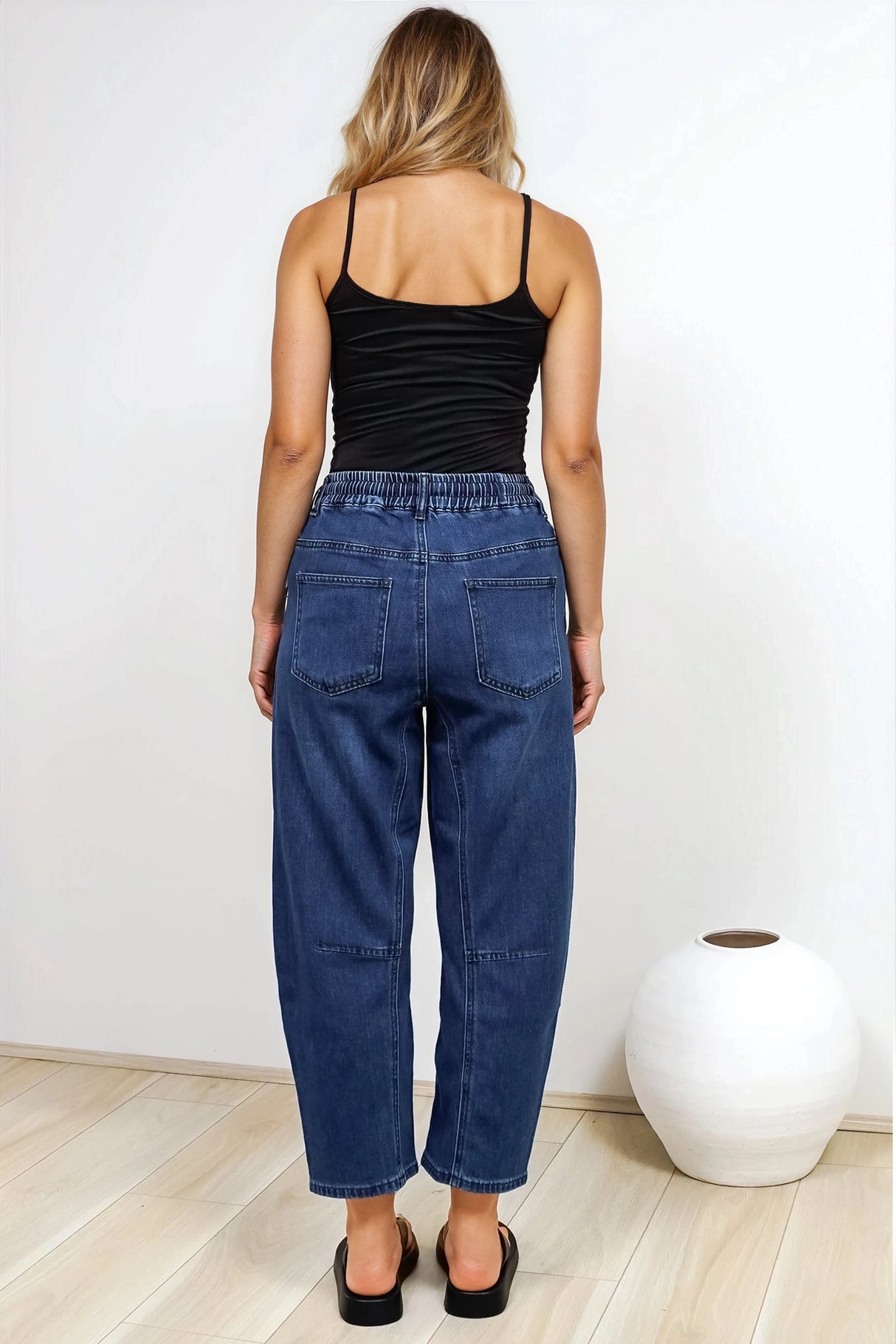 Lowen Barrel Jeans - Elasticated Waist Patch Pocket & Knee Detail Jeans in Dark Denim