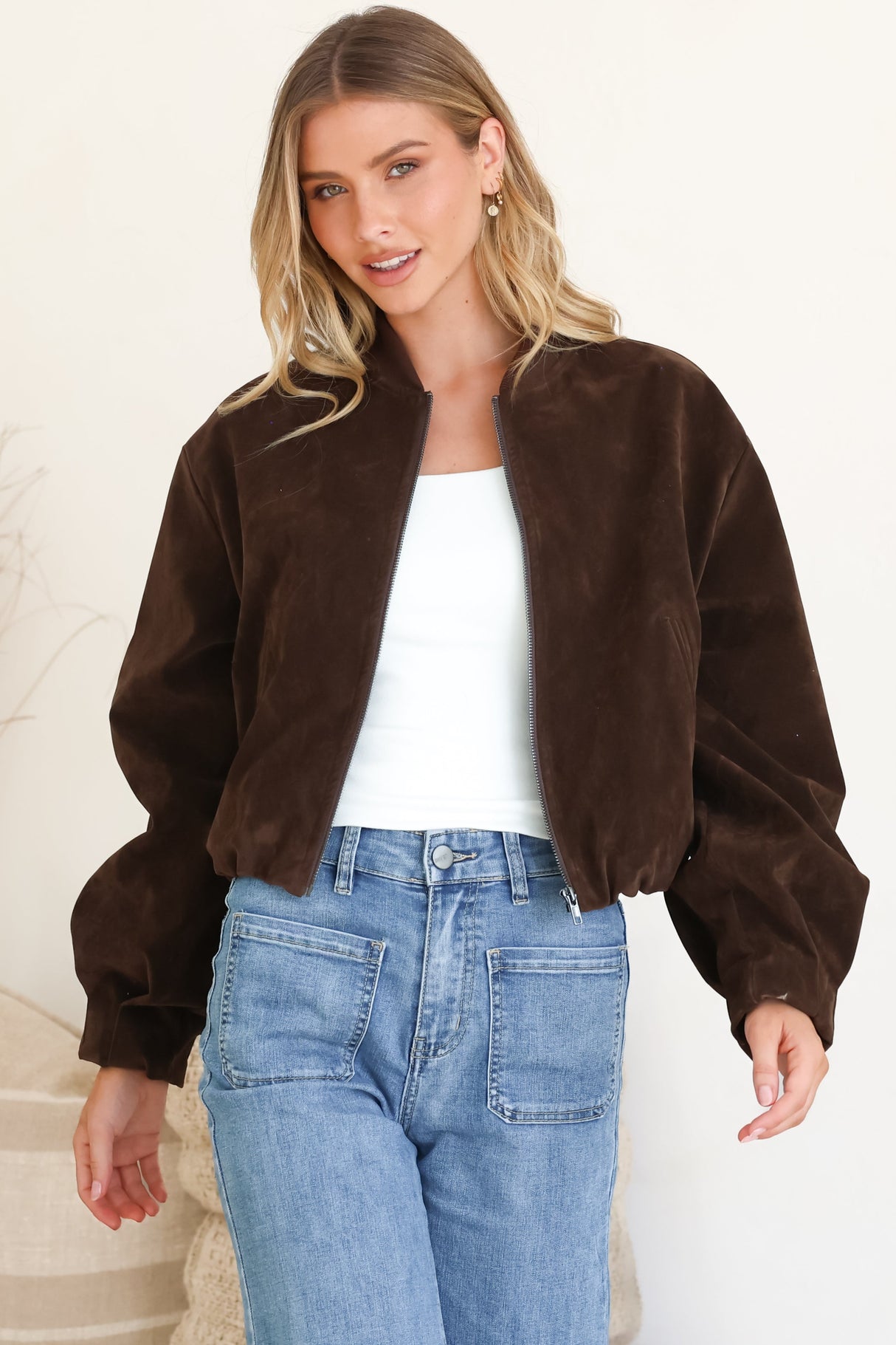 Lowry Jacket - Faux Suede Bomber Jacket with Pockets in Brown