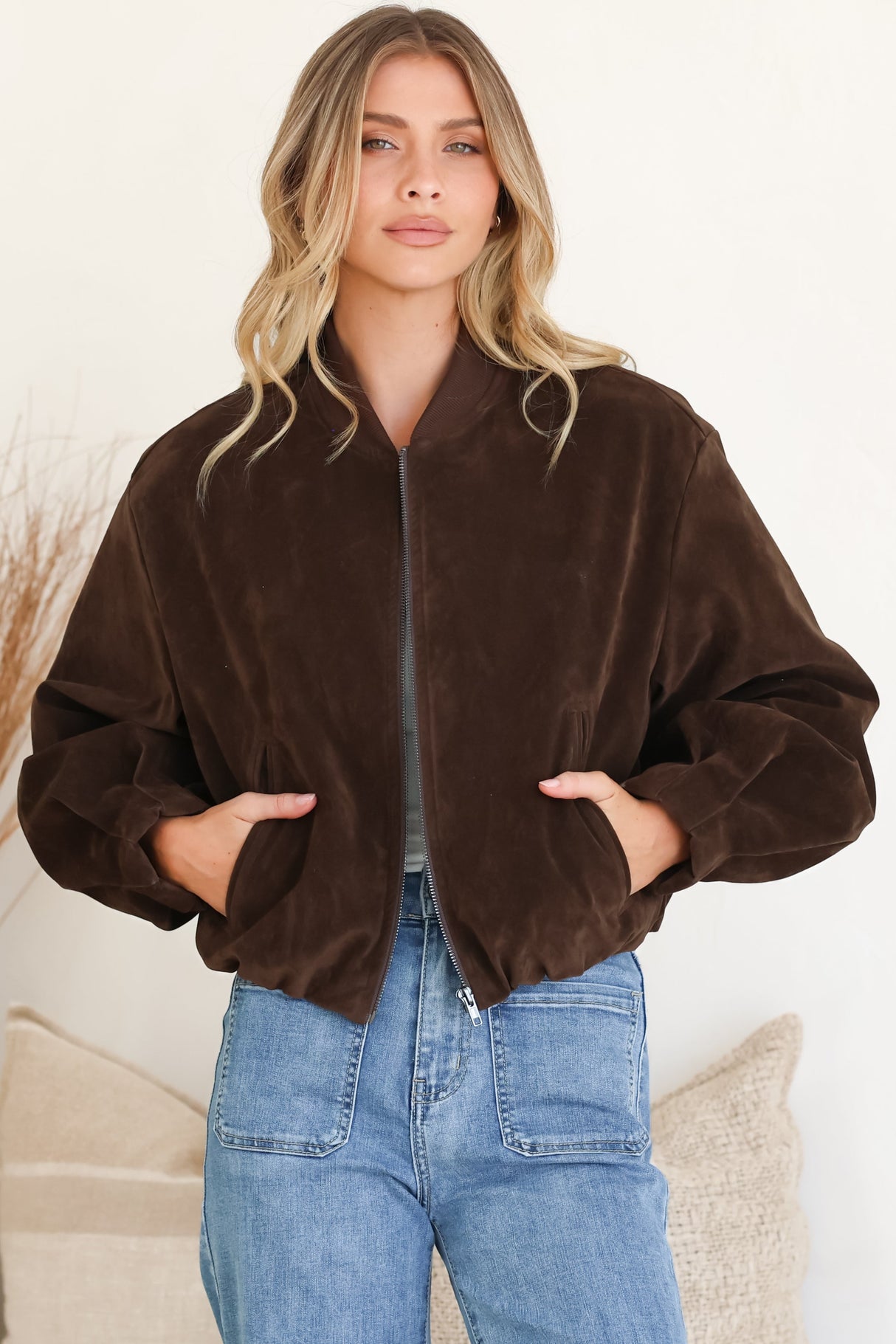 Lowry Jacket - Faux Suede Bomber Jacket with Pockets in Brown
