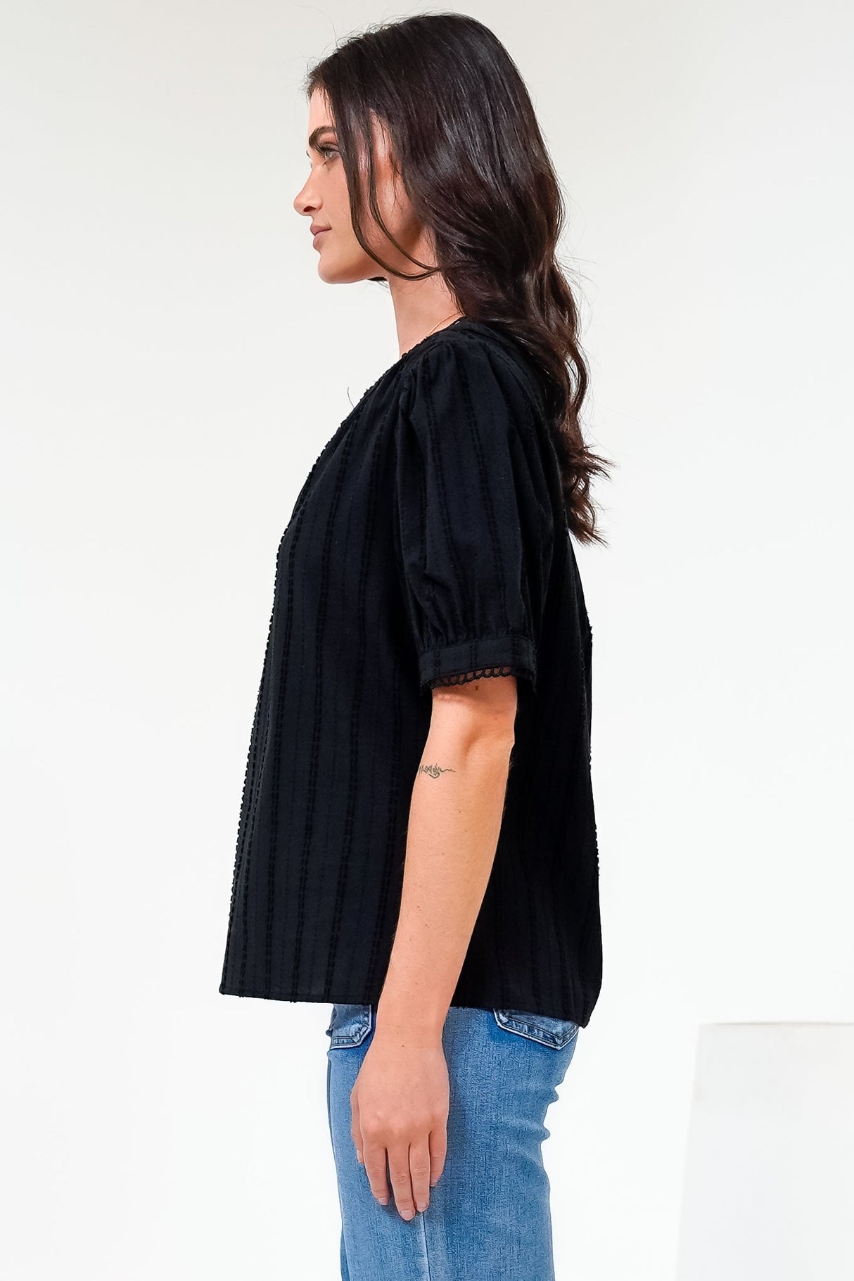 Loyalty Top - Textured V-Neck Split Collar Top with Puff Sleeves and Scallop Trims in Black